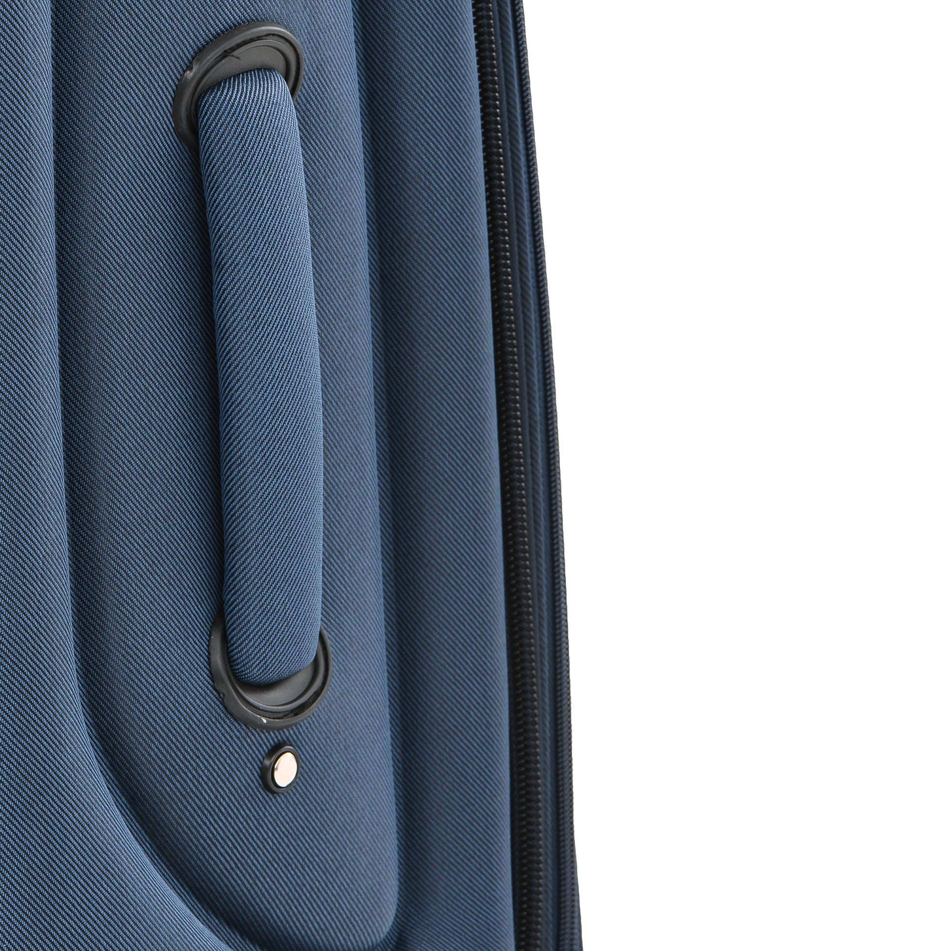 Closeup of a blue fabric suitcase handle with black trim and a silver rivet