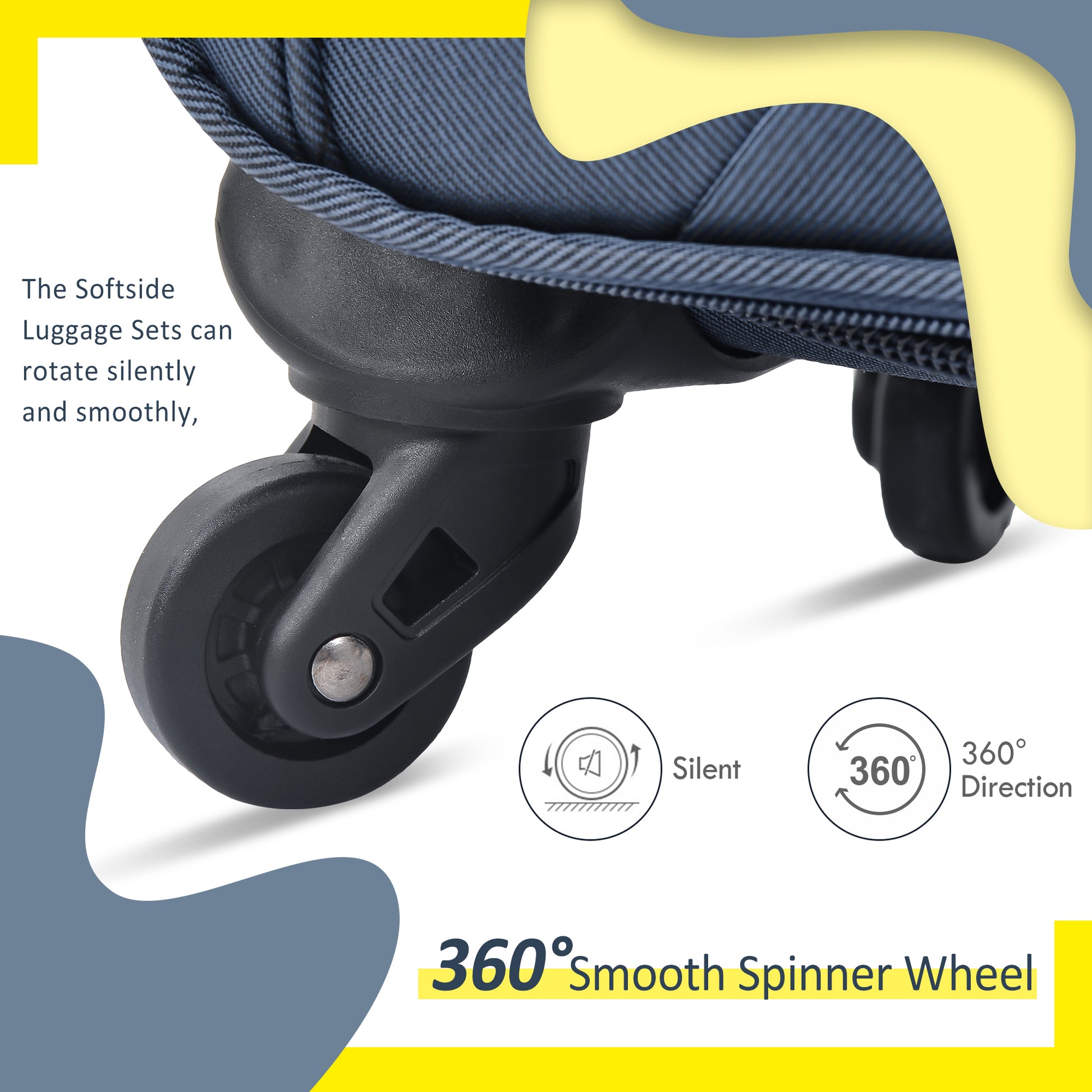 Closeup of a dark blue softside luggage with a  smooth spinner wheel