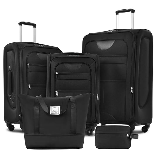 Black expandable luggage set with multiple zippered compartments and rolling wheels