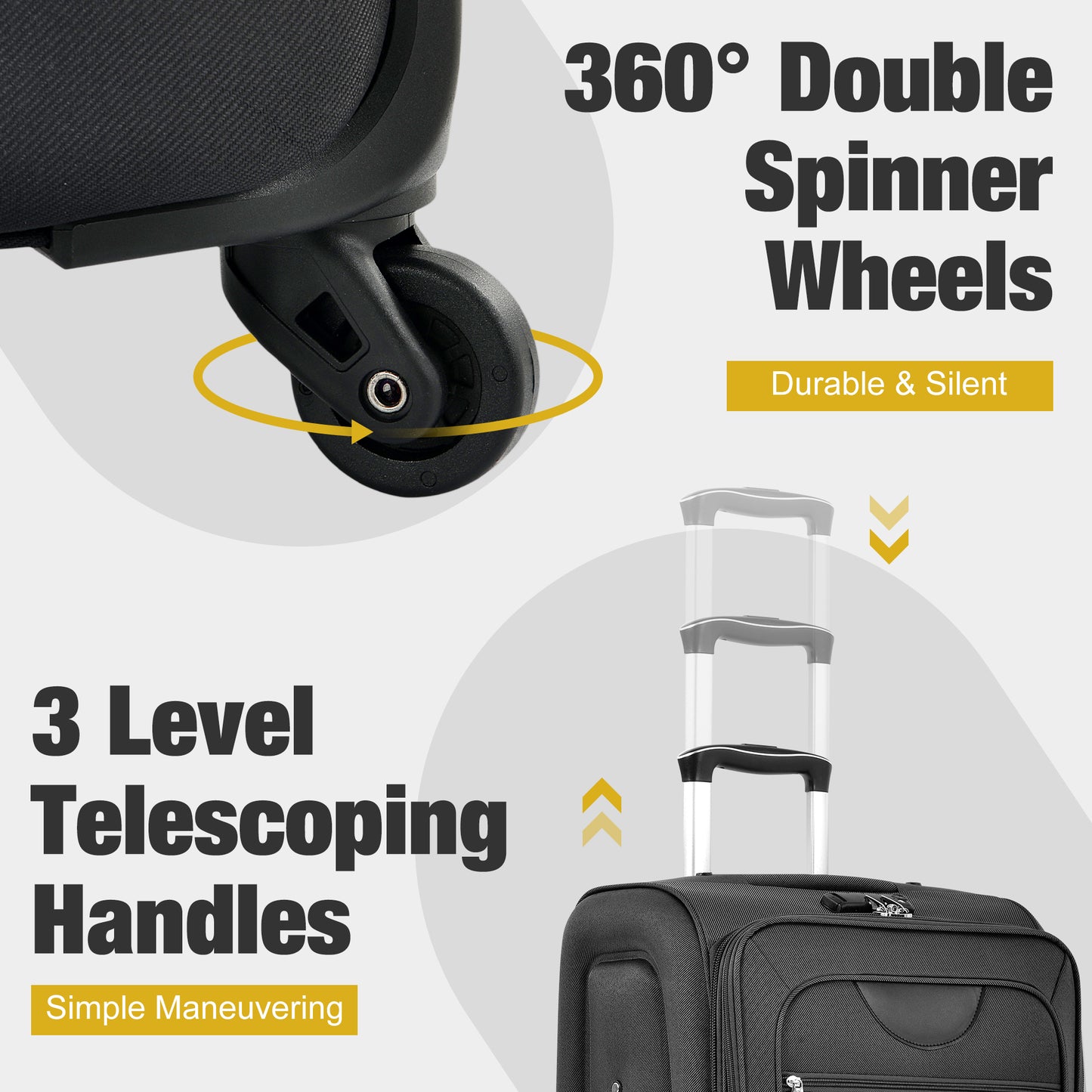Black spinner suitcase features  degree double spinner wheels for smooth travel