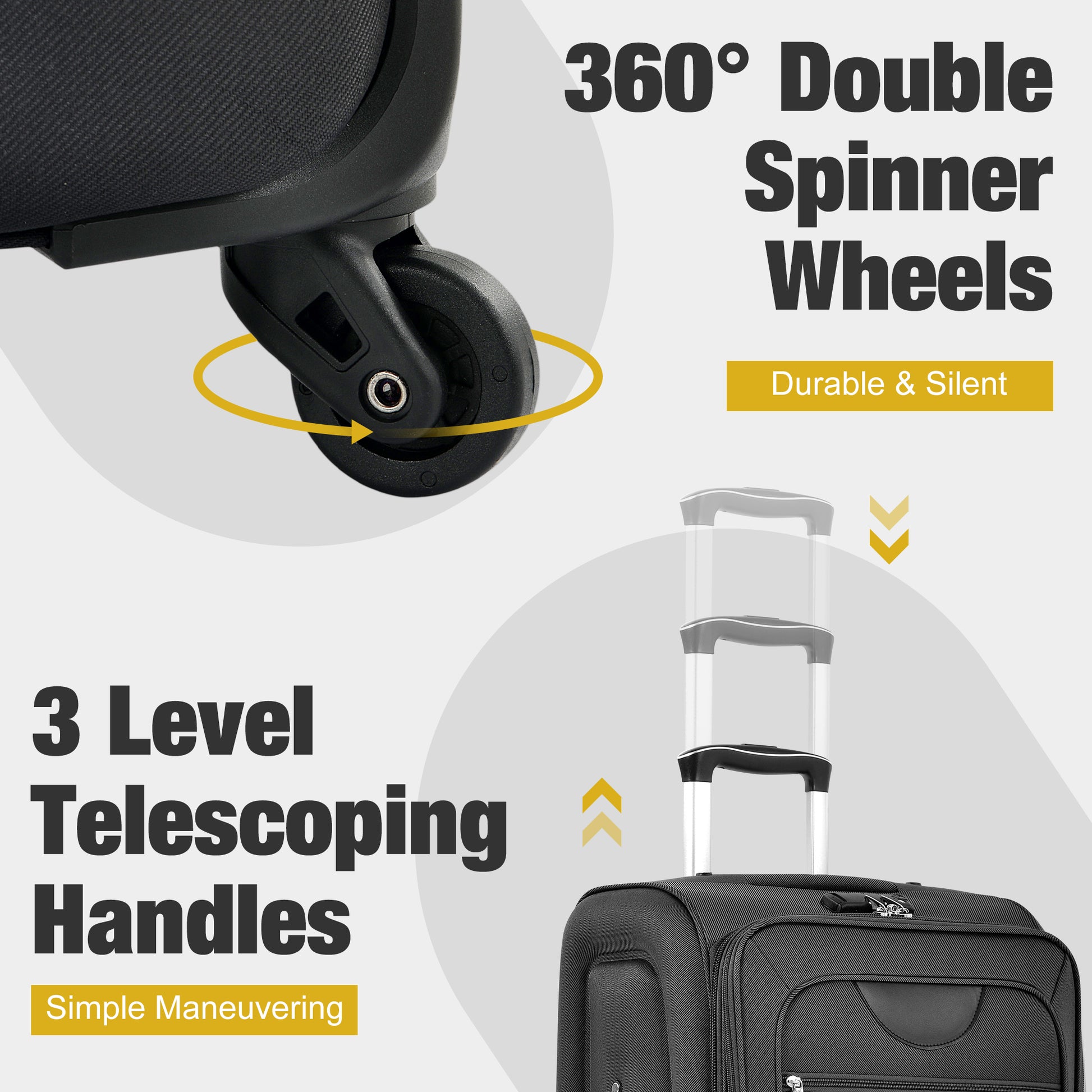 Black spinner suitcase features  degree double spinner wheels for smooth travel
