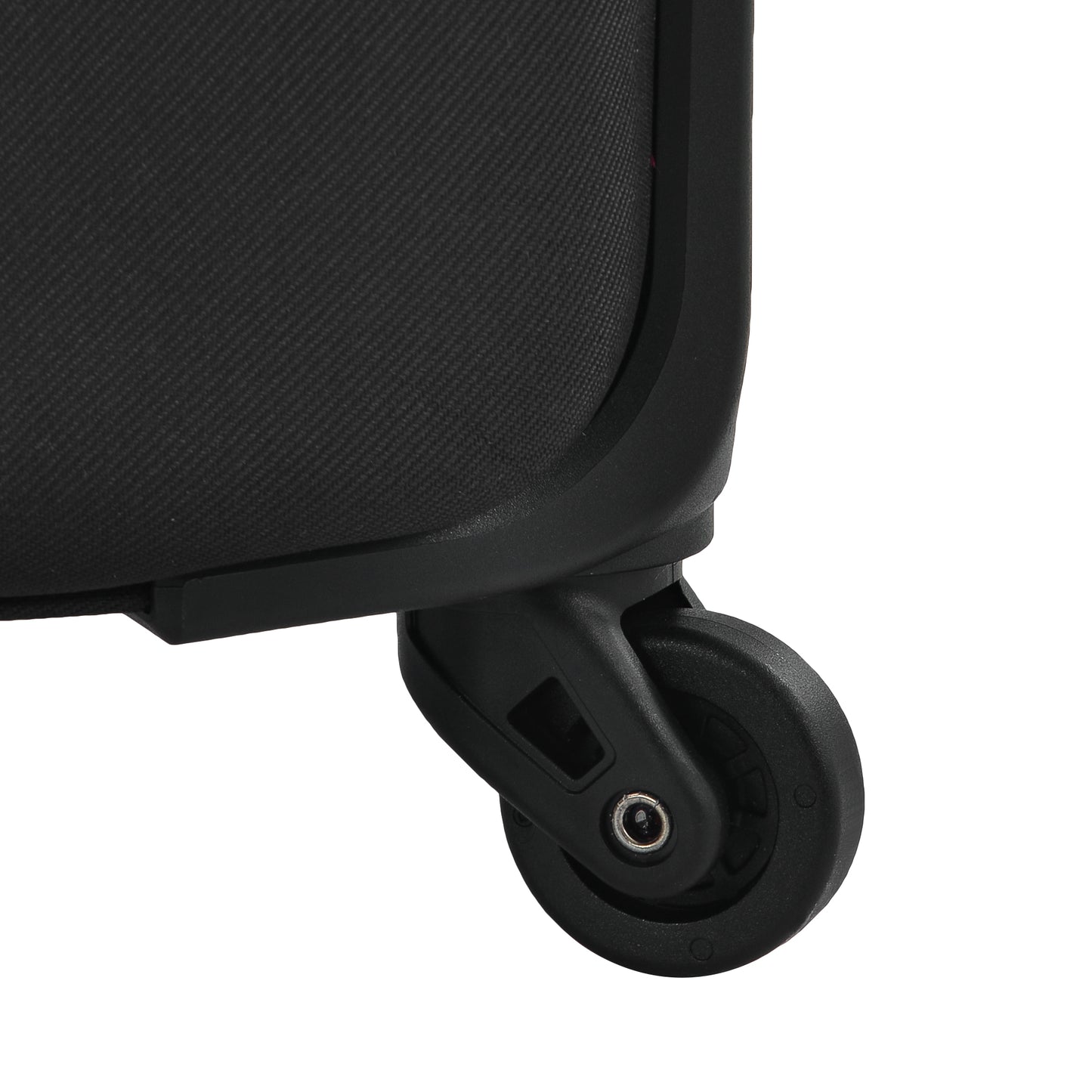 Closeup of a black luggage wheel with durable textured fabric side
