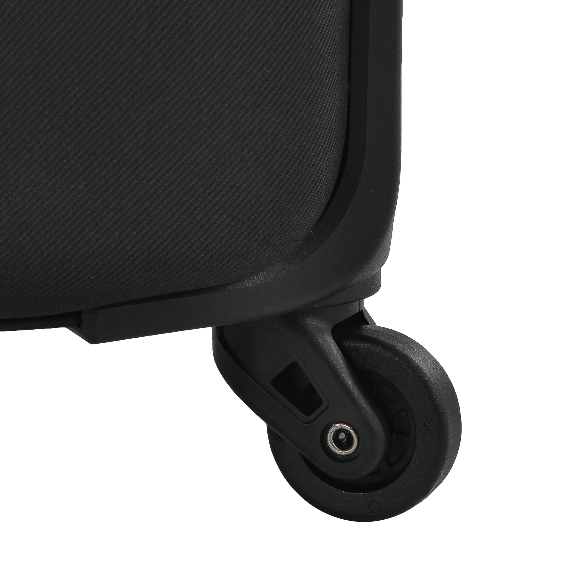 Closeup of a black luggage wheel with durable textured fabric side