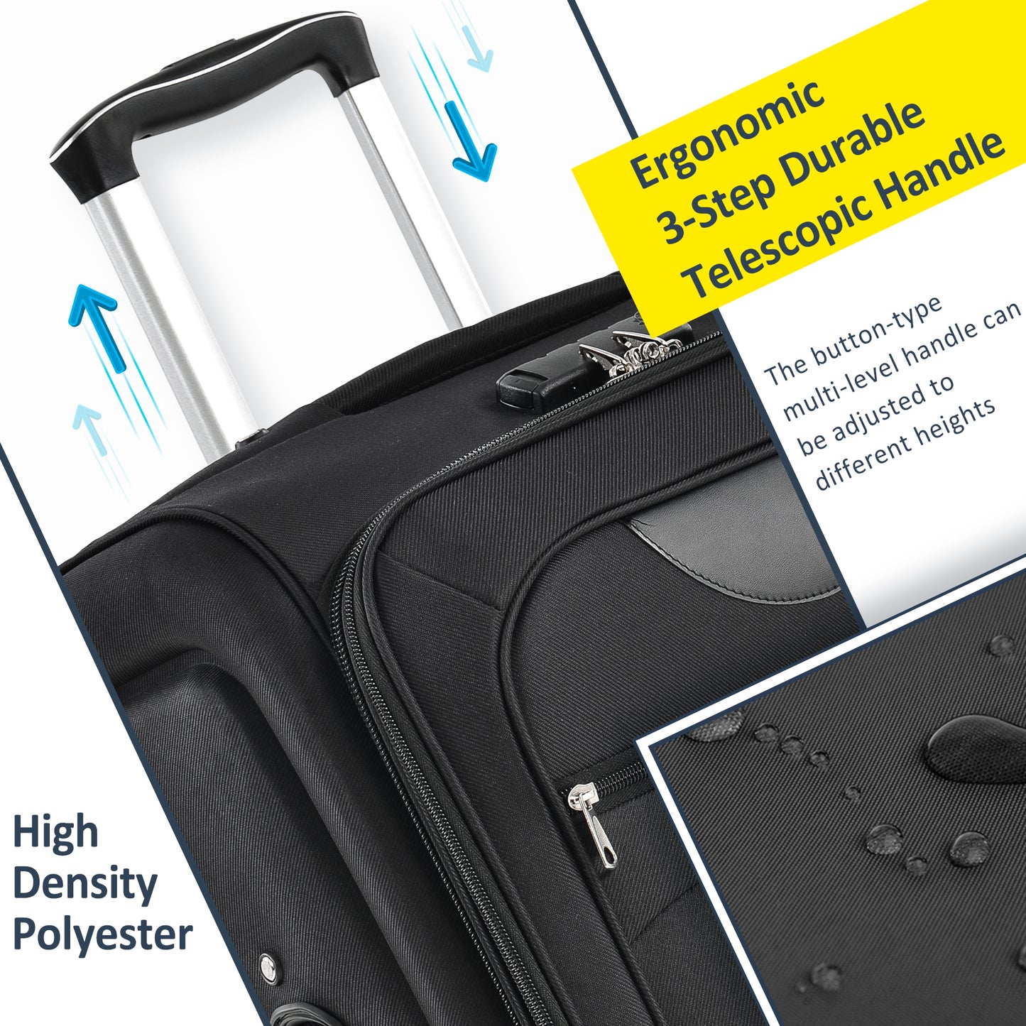 Black highdensity polyester suitcase with a durable telescopic handle