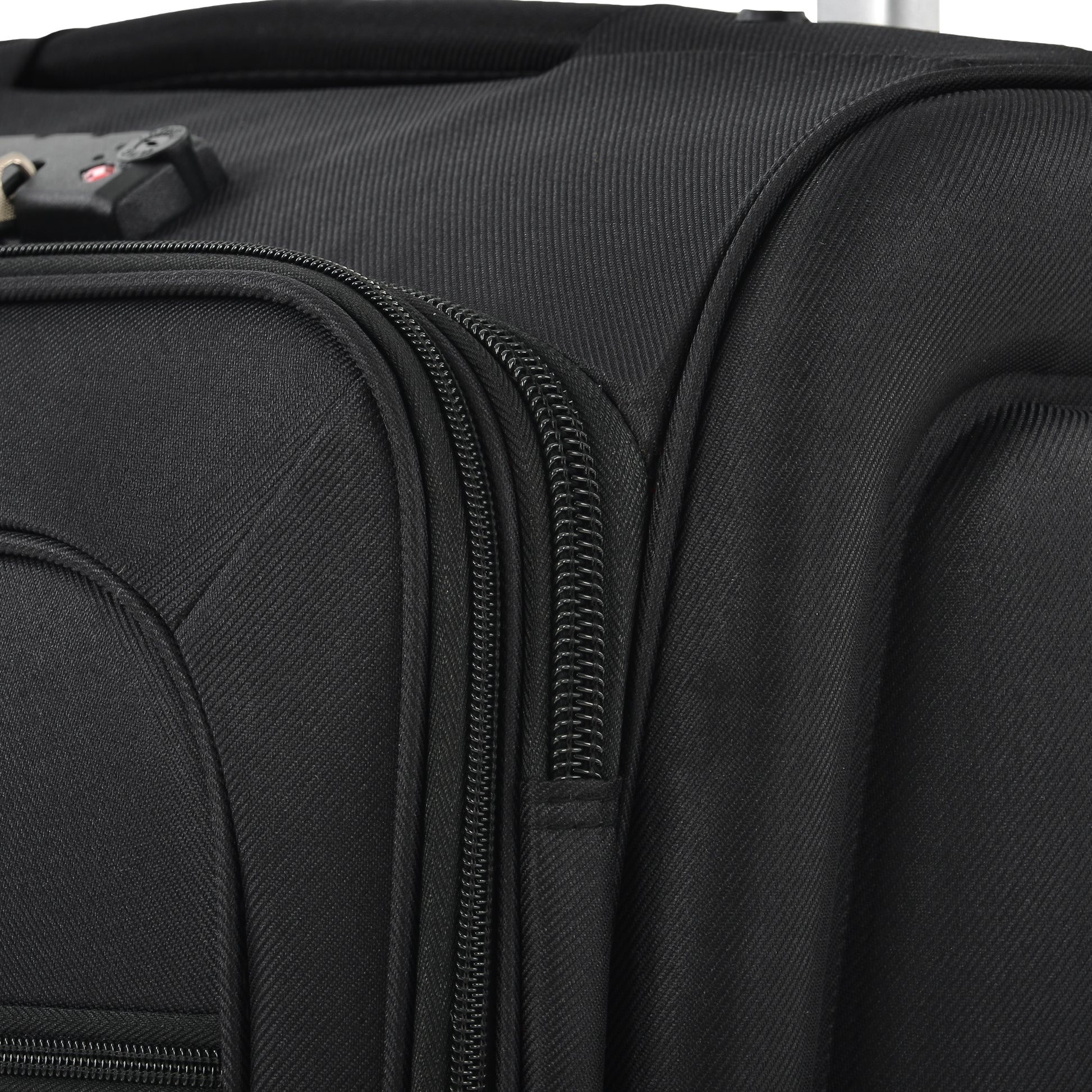 Black expandable suitcase detail with TSA lock and zippered pocket