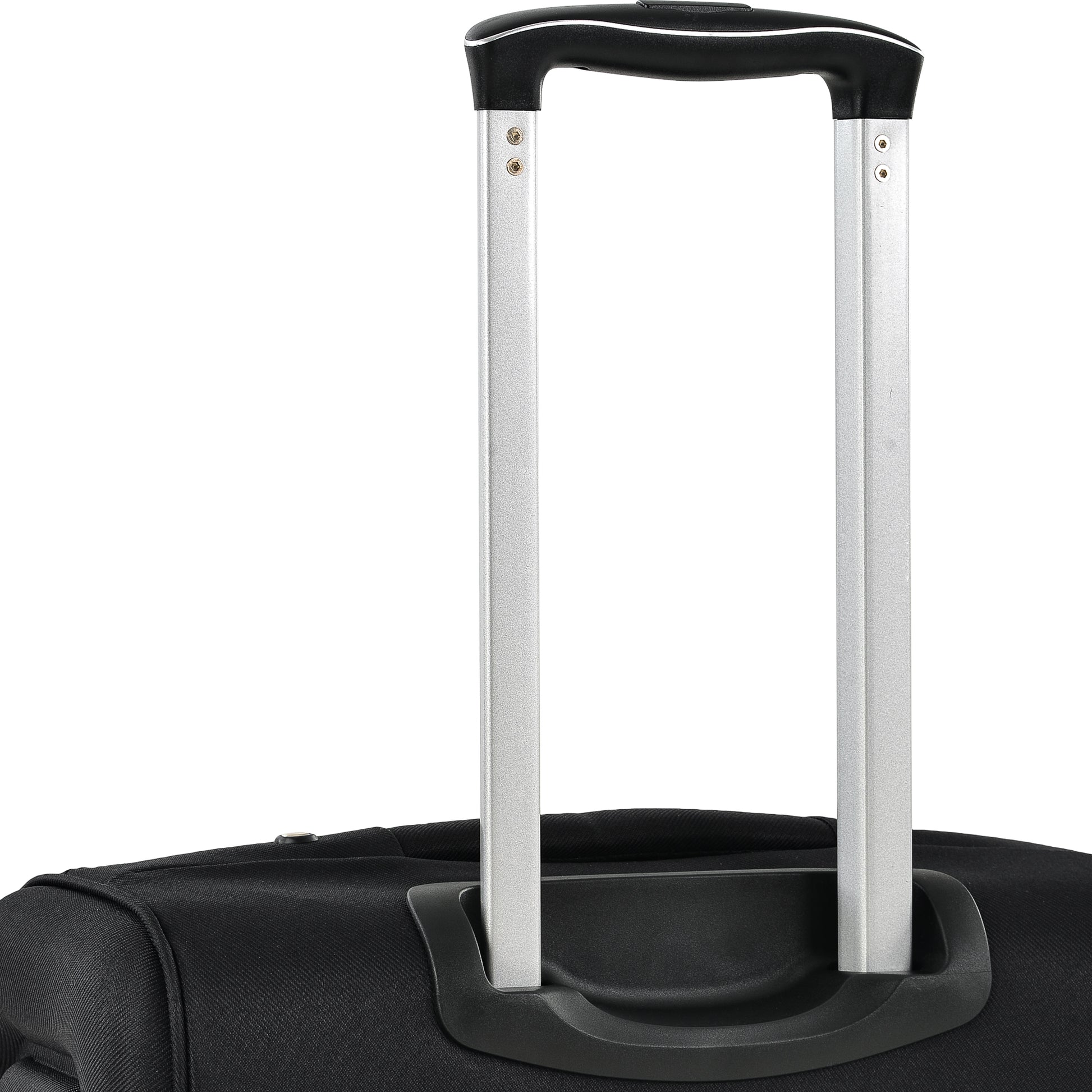 Black softshell suitcase with a silver telescopic handle