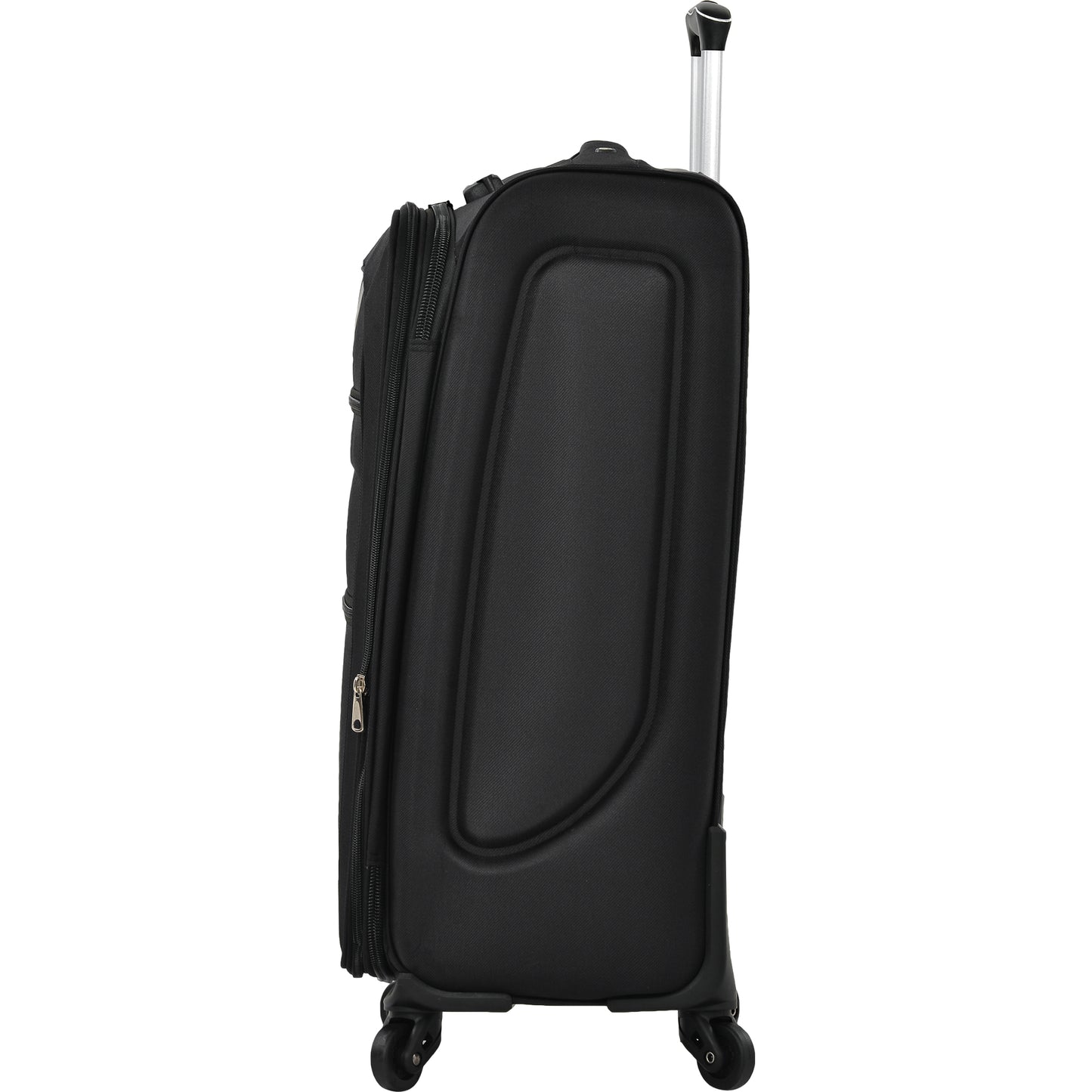 Black fabric suitcase with telescopic handle and smooth rolling wheels for travel