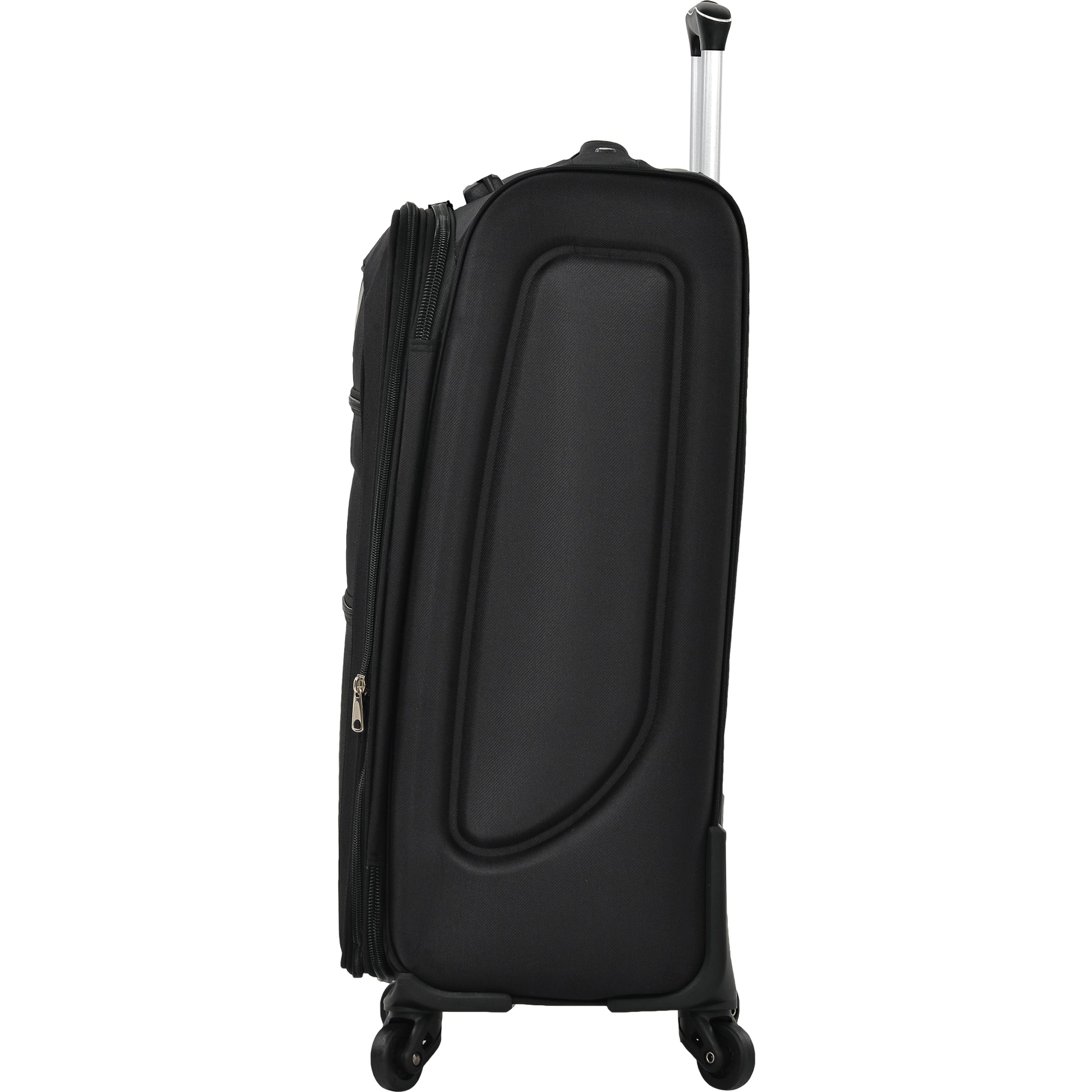 Black fabric suitcase with telescopic handle and smooth rolling wheels for travel