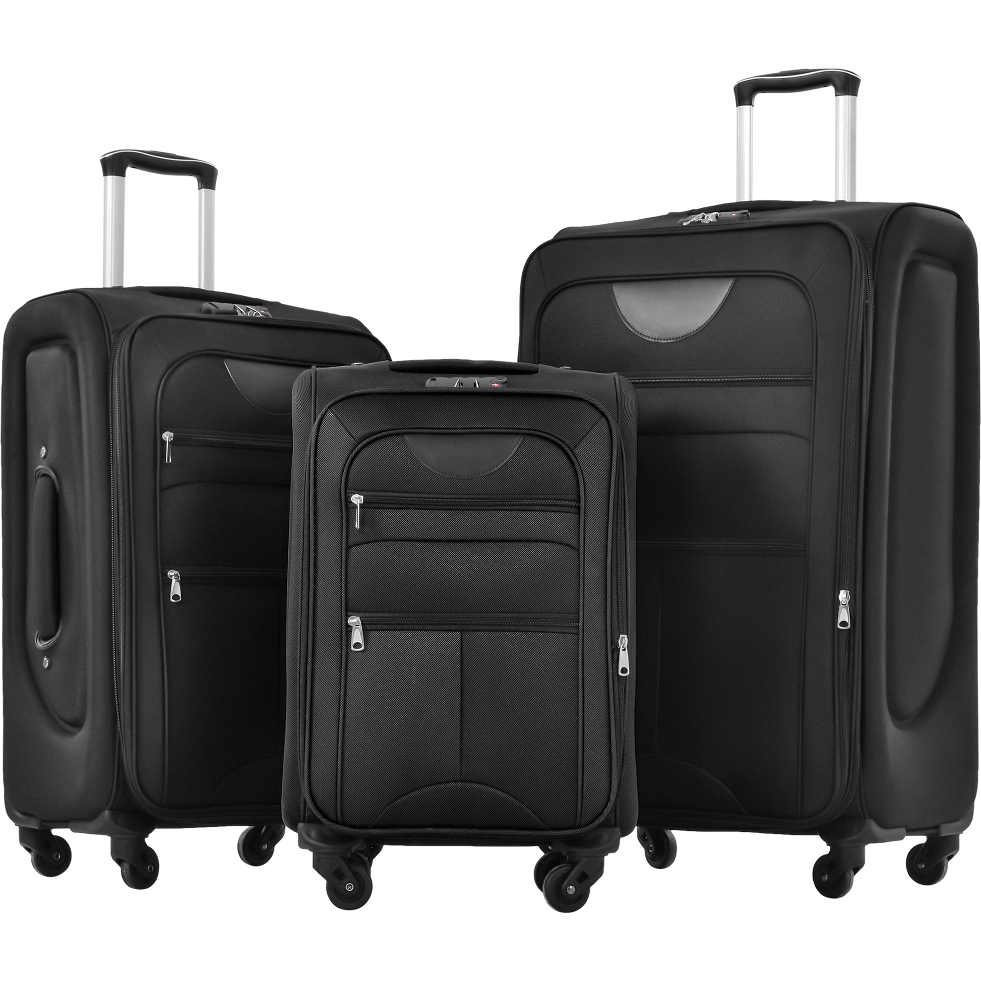Three black softshell suitcases with silver telescopic handles and zippered pockets