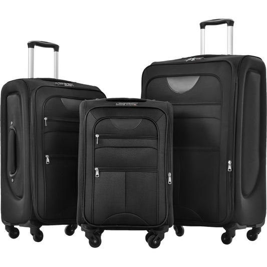 Three black softshell suitcases with silver telescopic handles and zippered pockets