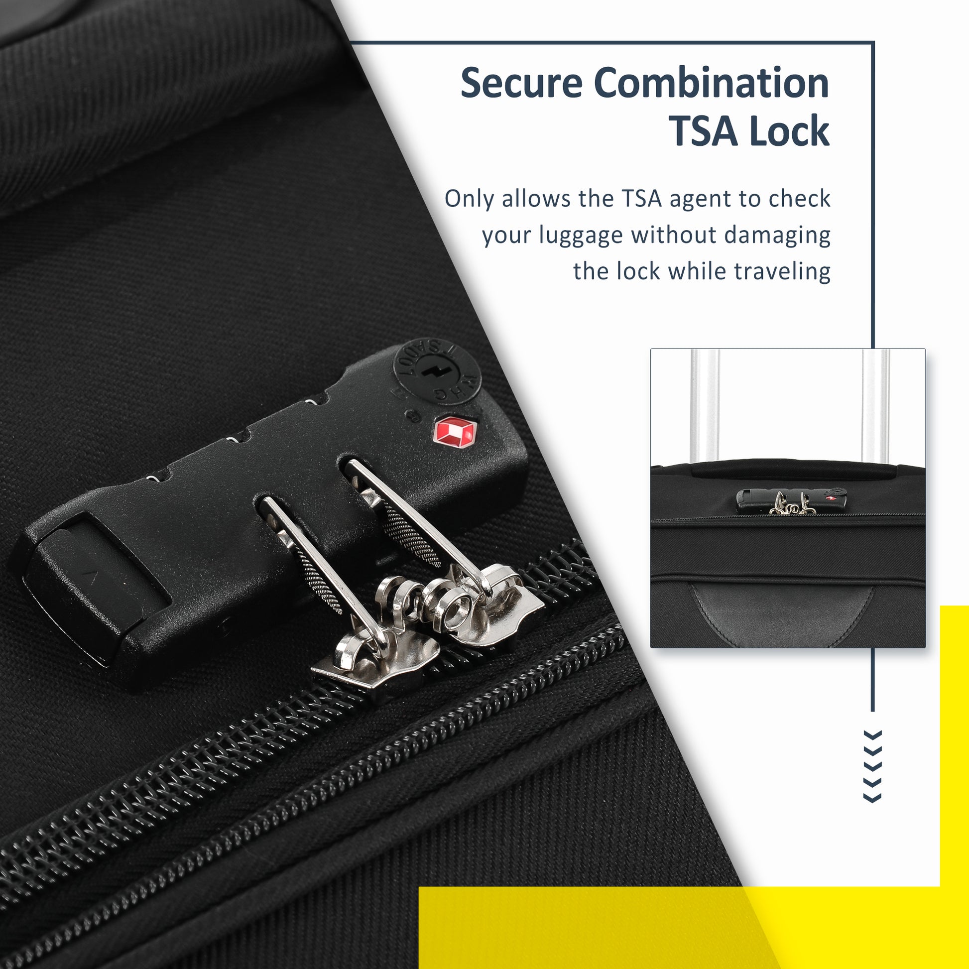 Black TSA lock with silver clasps on a zippered black suitcase detail