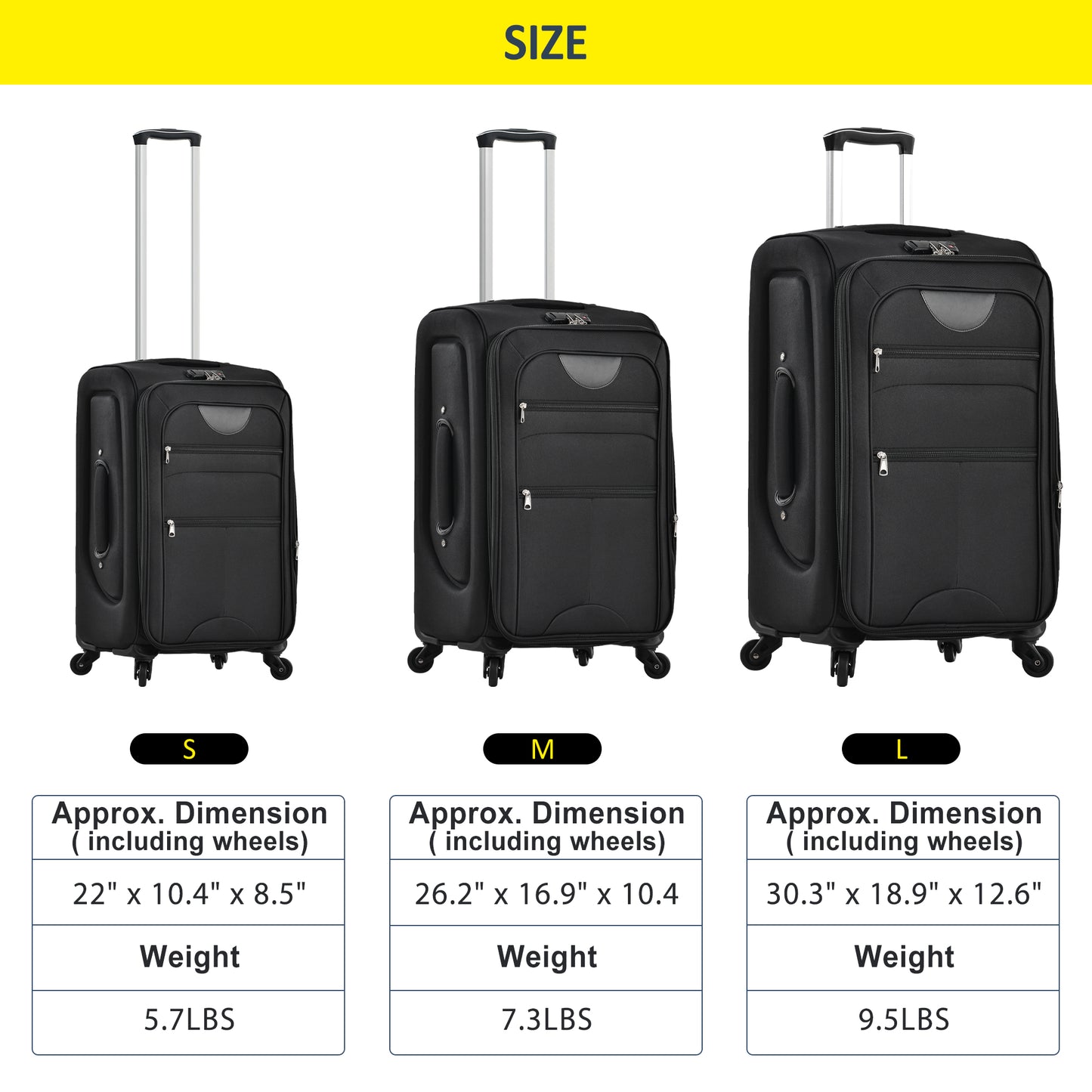 Black softshell carryon suitcase with four spinner wheels and TSA lock