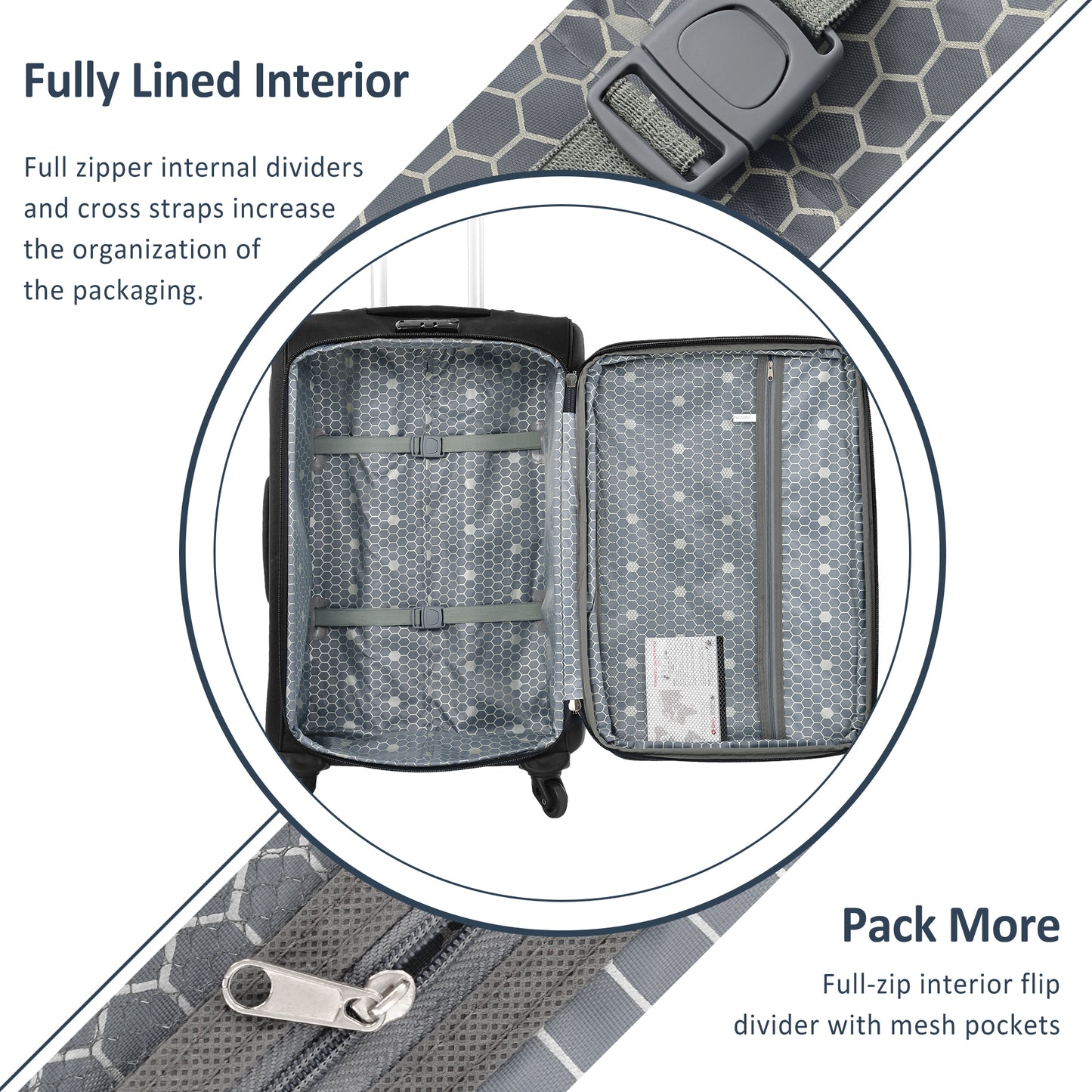 Black suitcase interior with grey hexagonal pattern lining and elastic straps