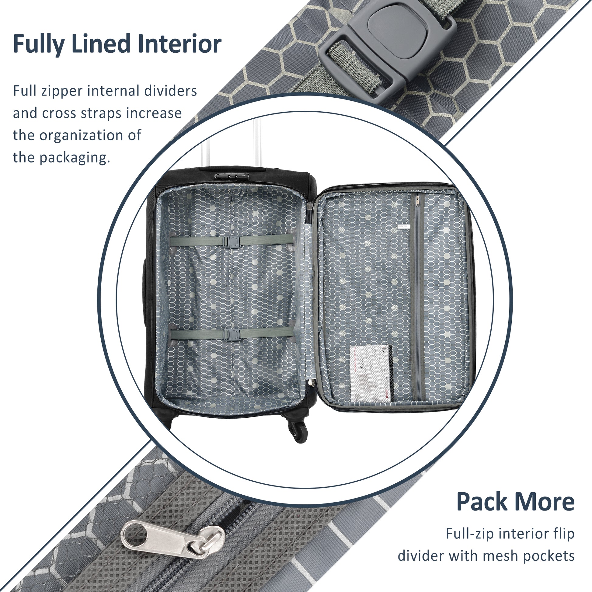 Black suitcase interior with grey hexagonal pattern lining and elastic straps