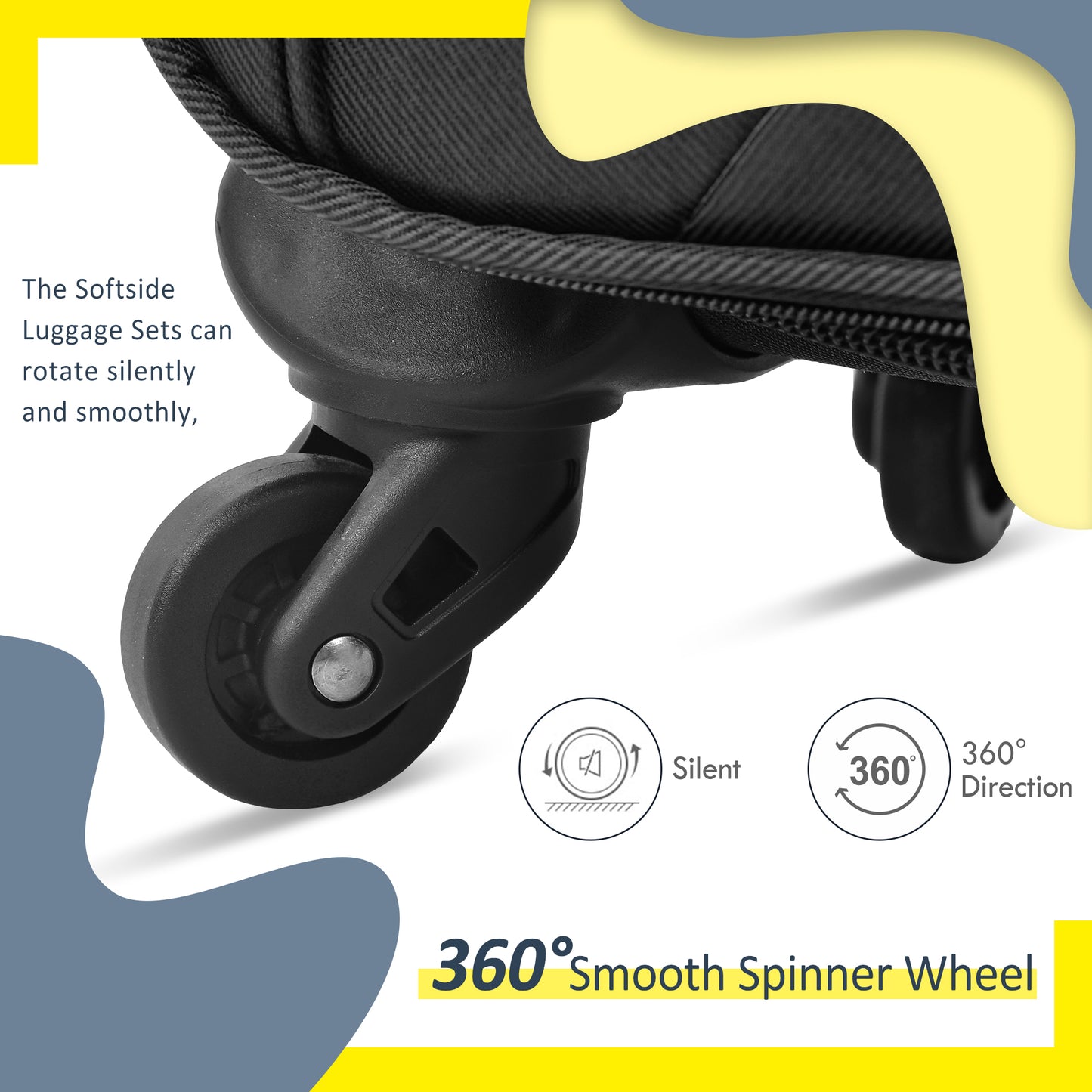 Black softside luggage set with smooth  spinner wheel for silent travel