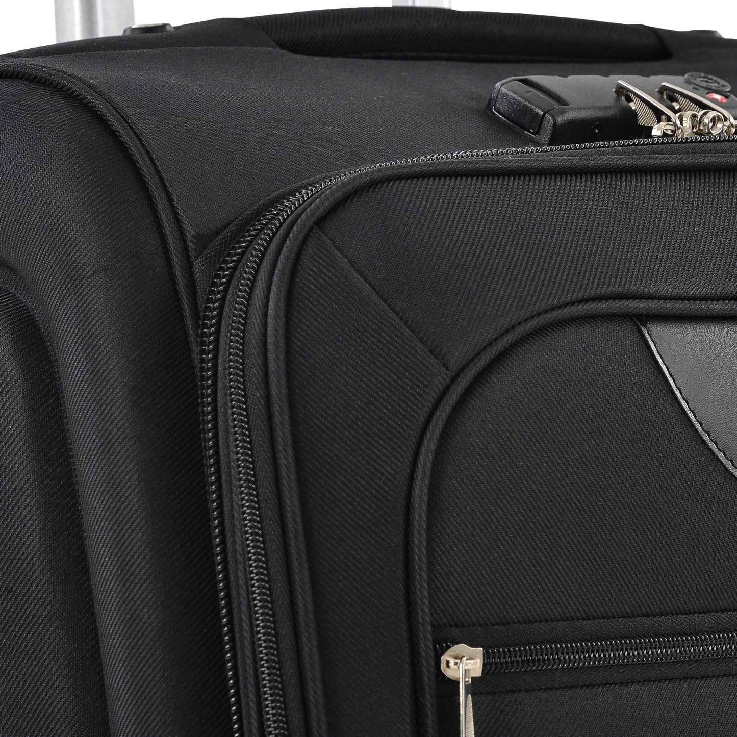 Closeup of a black nylon suitcase with a TSA lock and silver zipper detail