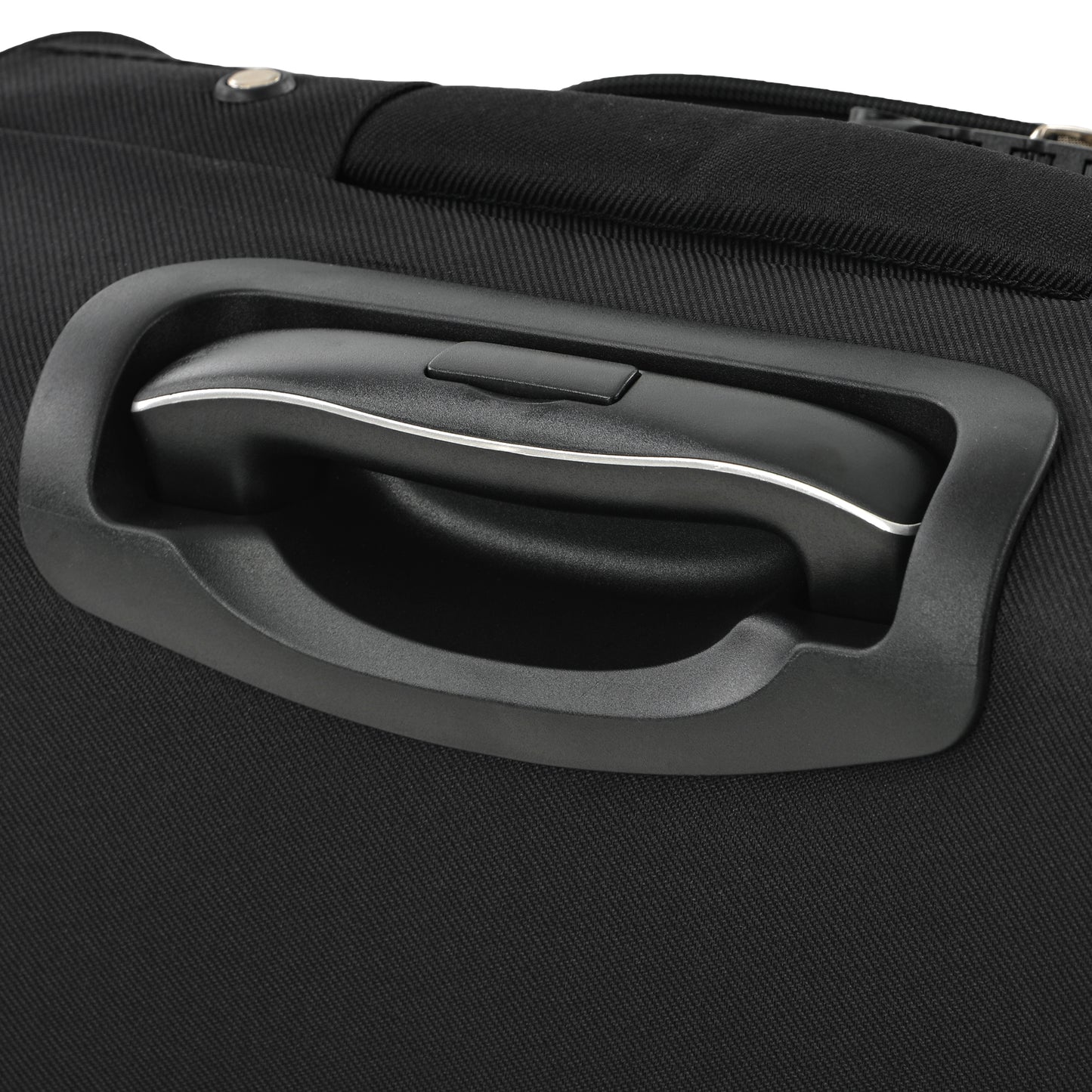 Black ergonomic suitcase handle with silver accent trim for easy travel
