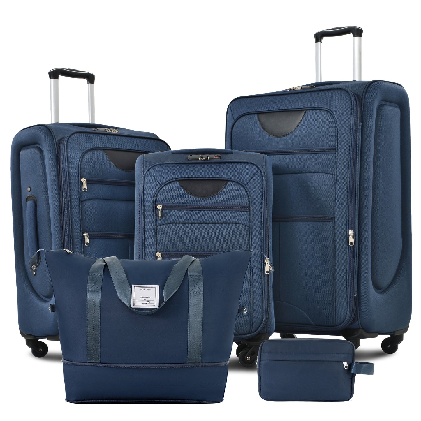 Navy blue softshell luggage set with carryon suitcase duffel and toiletry bag
