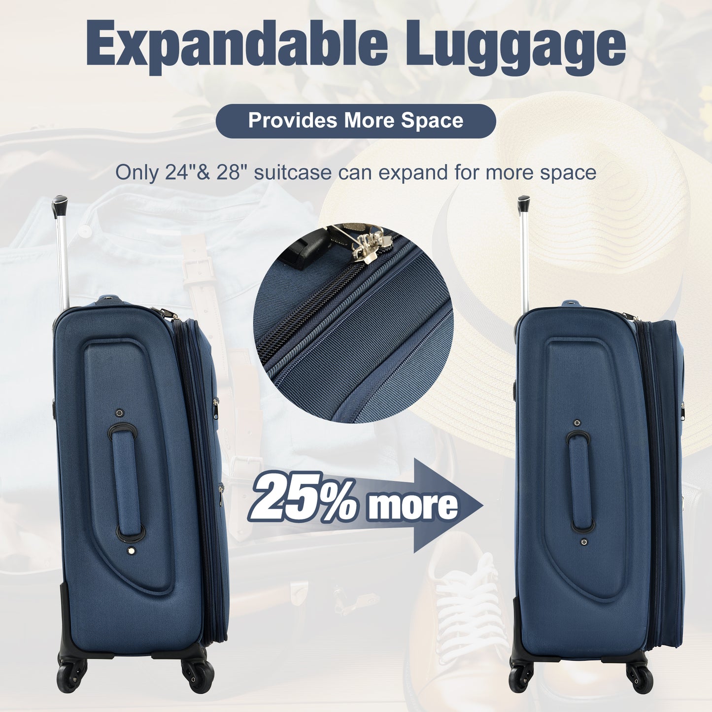 Navy blue expandable suitcase showcasing its zipped expansion feature and smooth rolling wheels