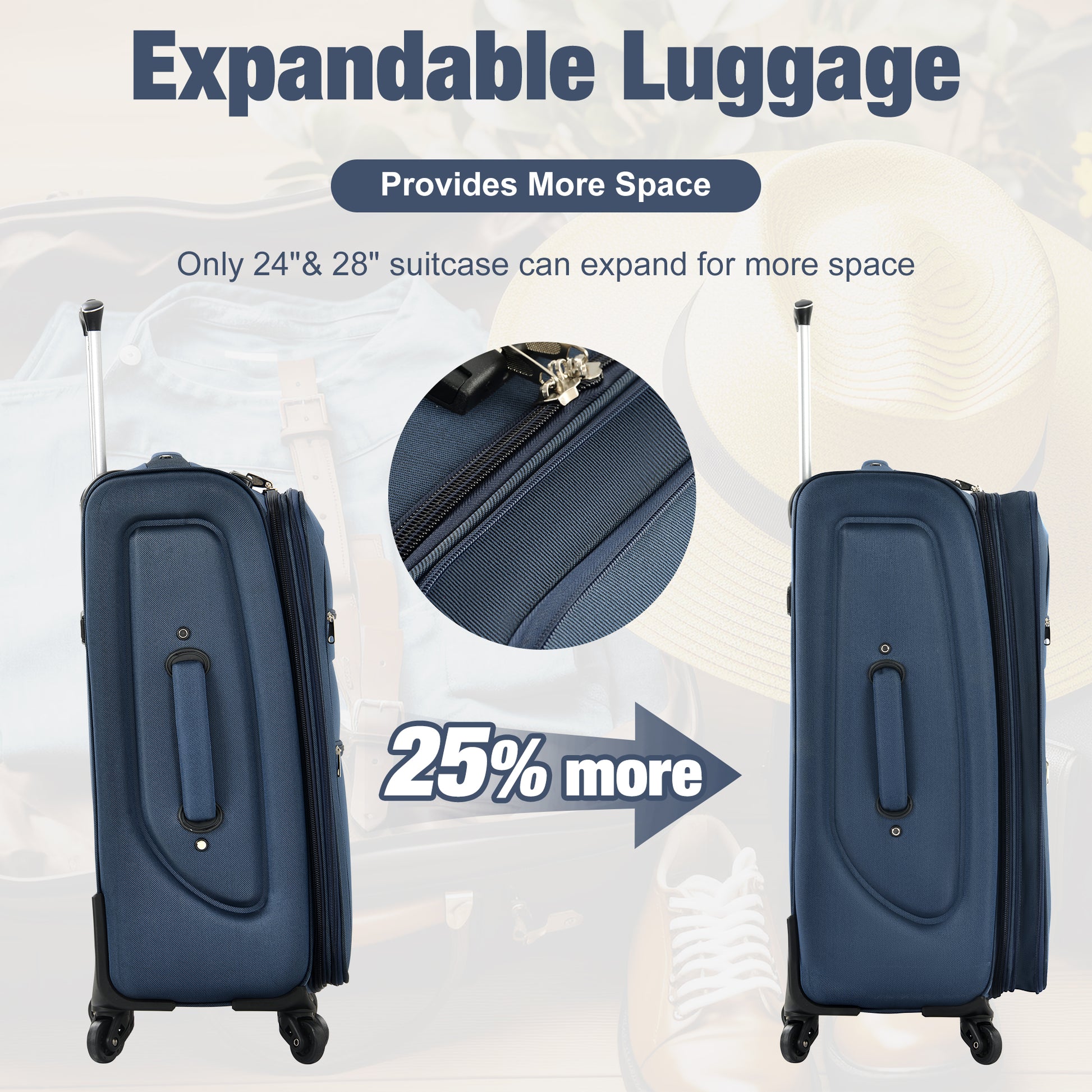 Navy blue expandable suitcase showcasing its zipped expansion feature and smooth rolling wheels