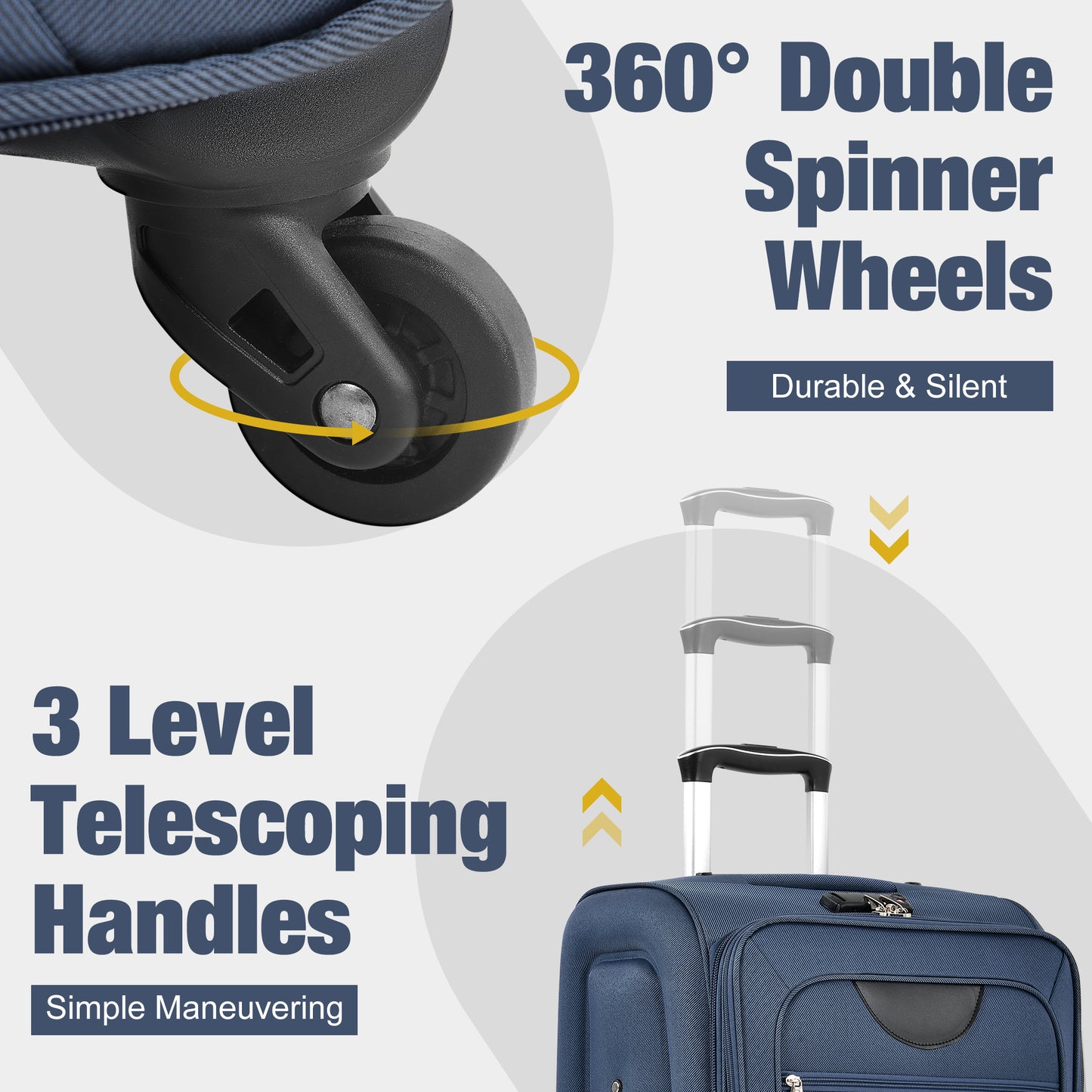 Closeup of navy luggage  double spinner wheels durable and silent