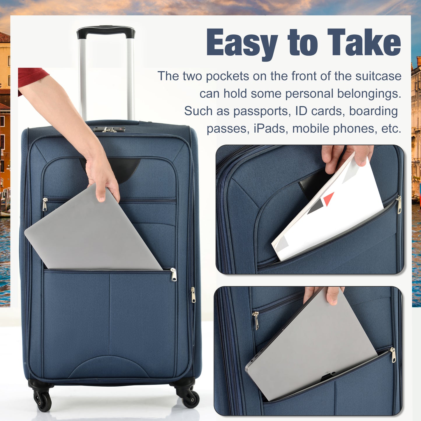 Blue fabric suitcase with zippered front pockets holding a laptop