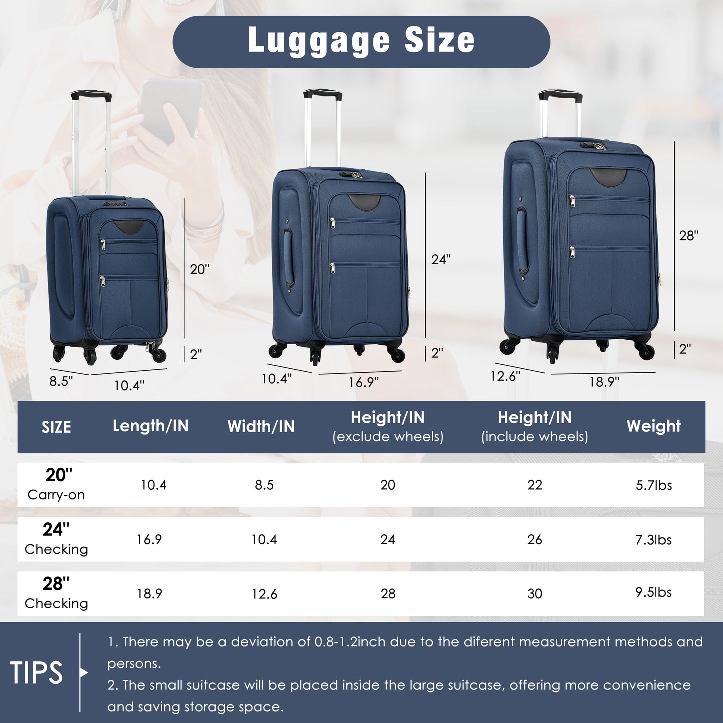 Navy blue inch carryon suitcase with expandable side and TSA lock