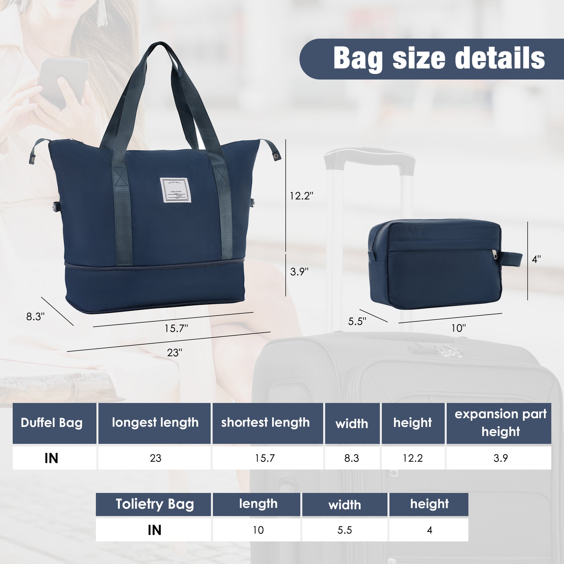 Navy blue duffel bag with dimensions  x  x  inches perfect for travel