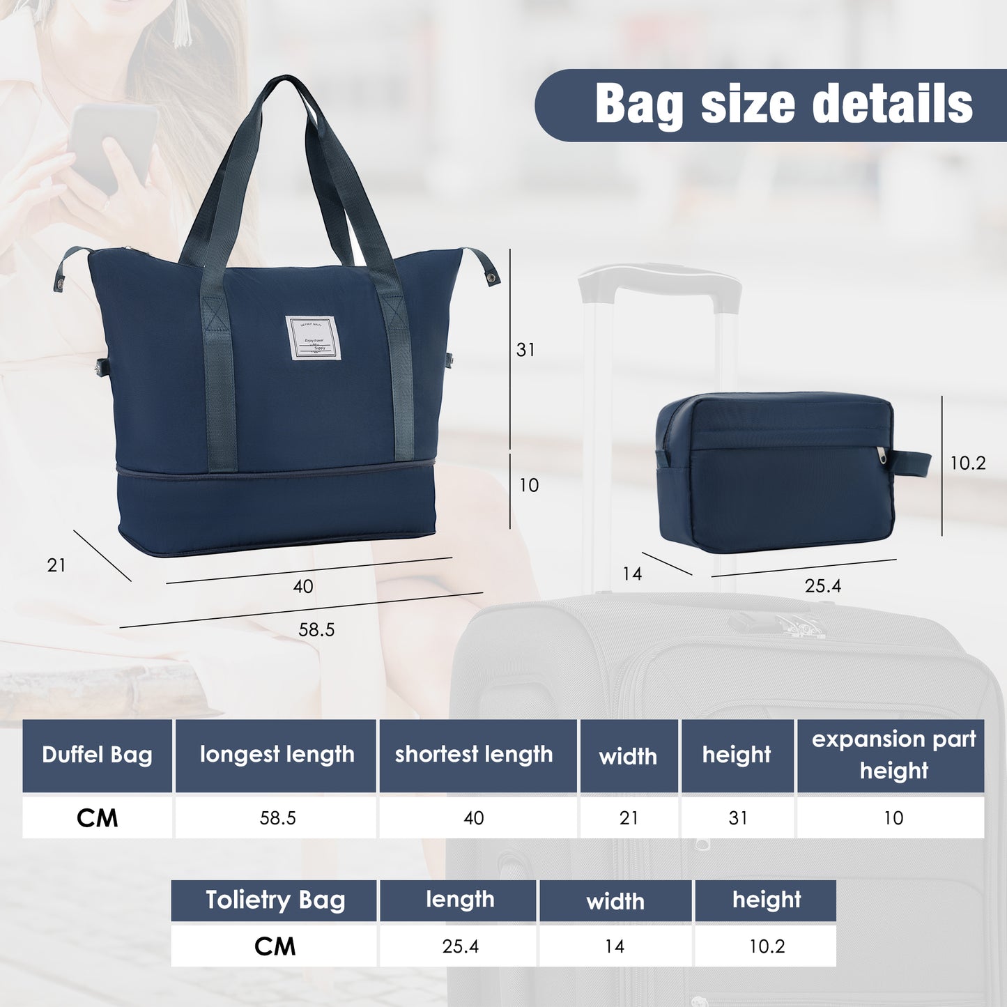 Navy blue duffel bag with dark grey handles and a white product tag