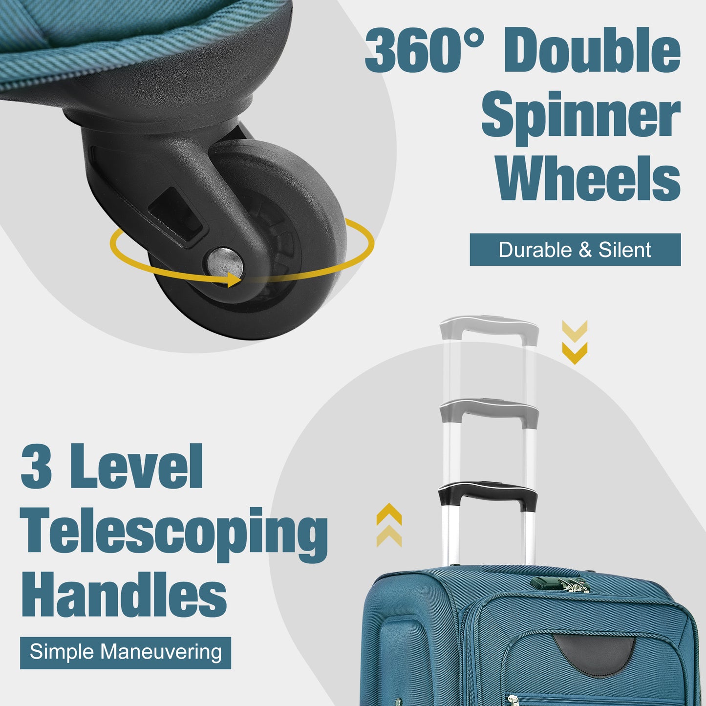 Teal luggage with  double spinner wheels for easy maneuverability