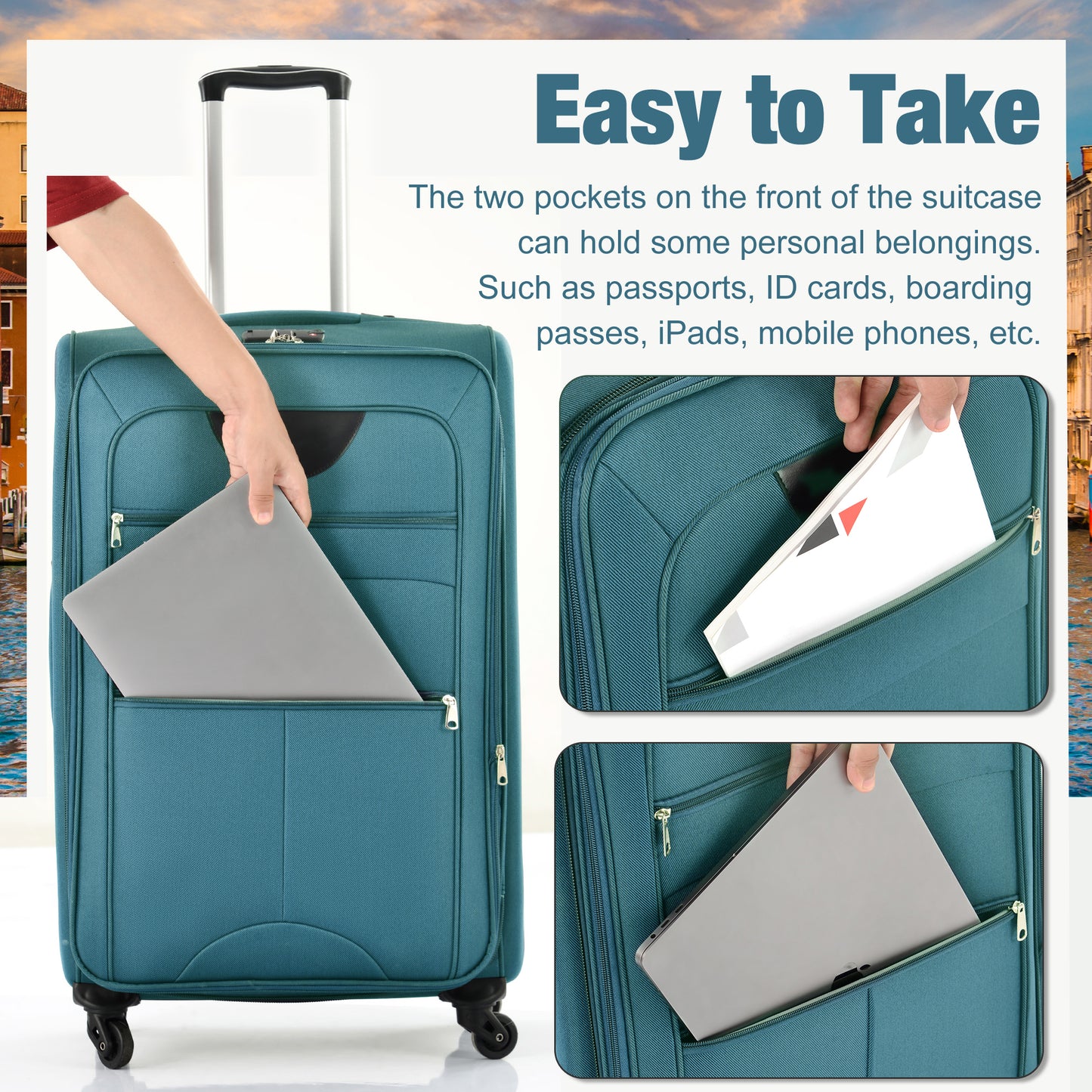 Teal fabric suitcase with front pockets showcasing laptop storage