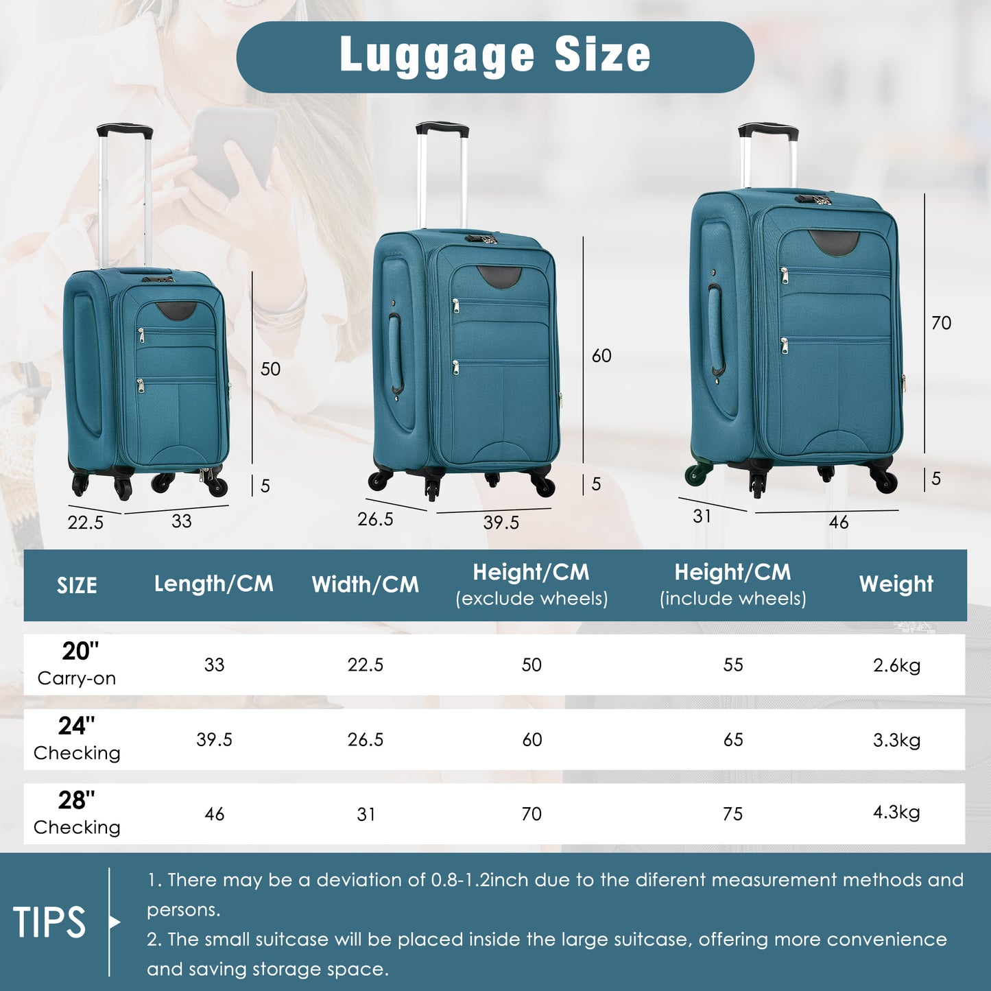 Teal inch carryon suitcase with telescoping handle and front zippered pockets