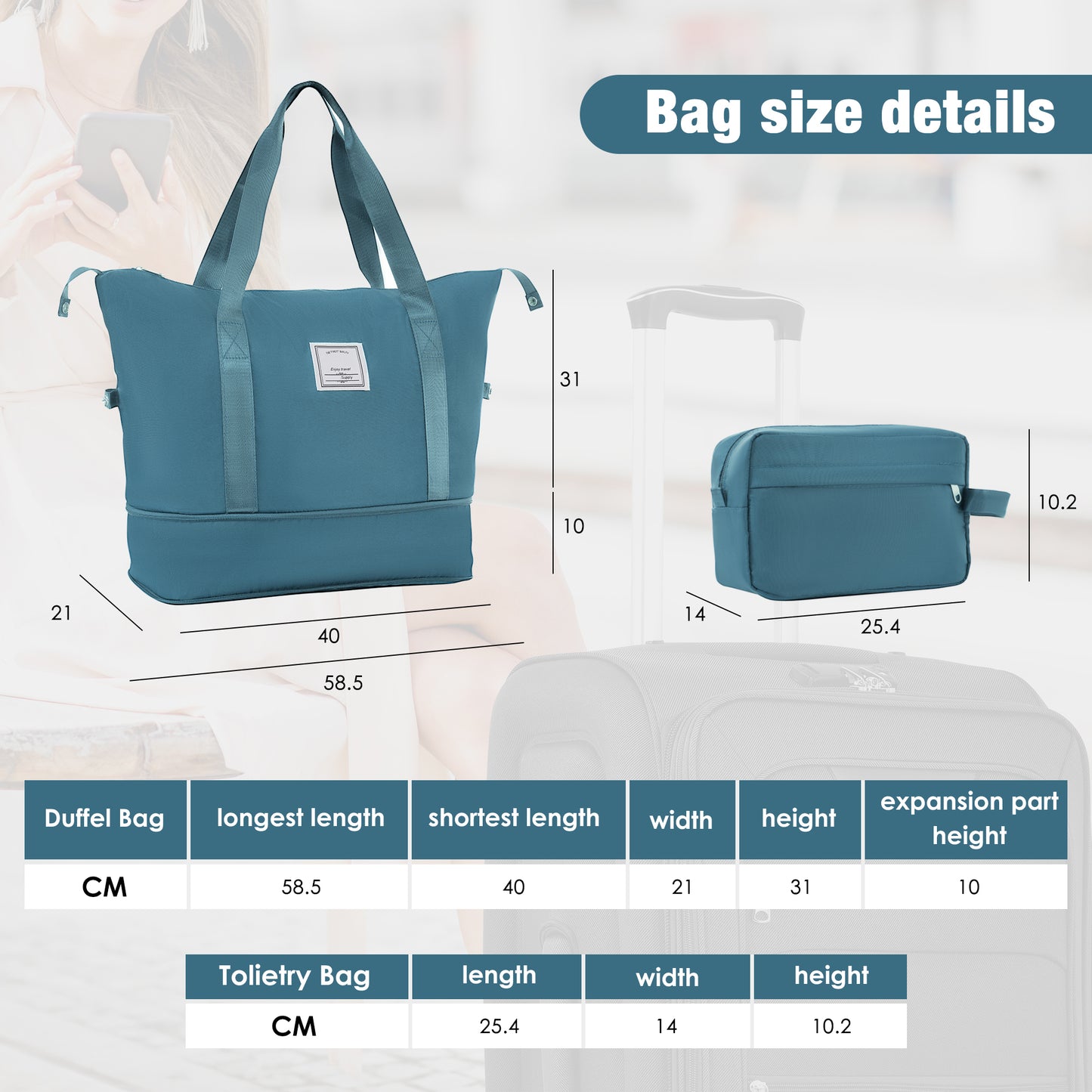 Teal blue duffel bag cm longest length cm shortest cm width cm height