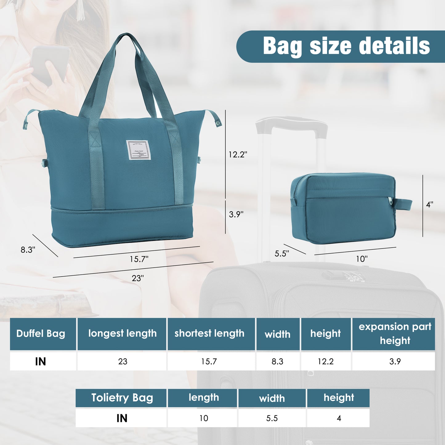 Teal expandable duffel bag for travel measuring  longest length and  width