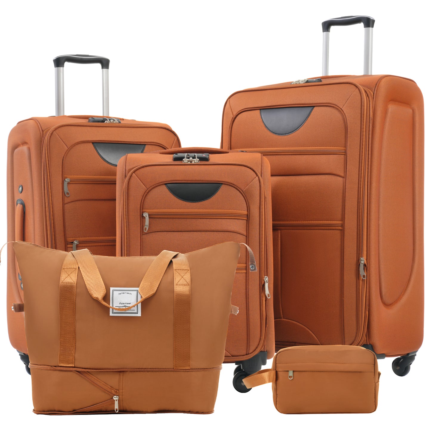 Set of four orange fabric luggage pieces including suitcases and duffel bag