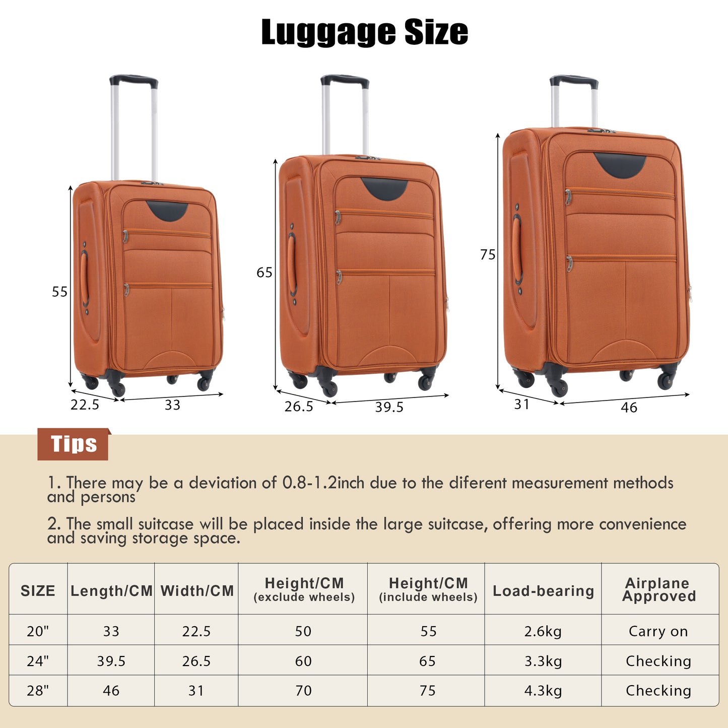 Orange fabric inch carryon luggage with spinner wheels and telescoping handle