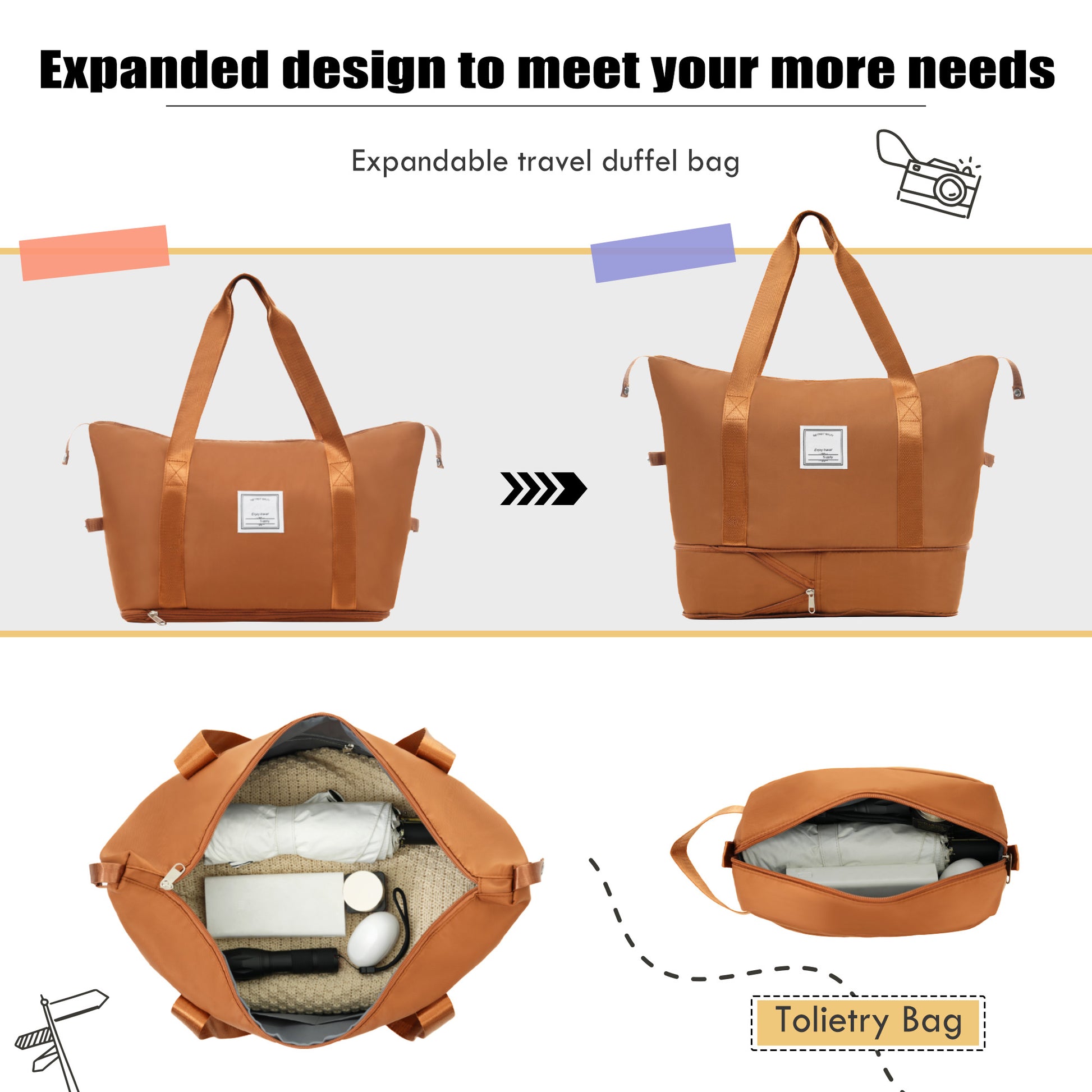 Brown expandable travel duffel bag shown in full and expanded states
