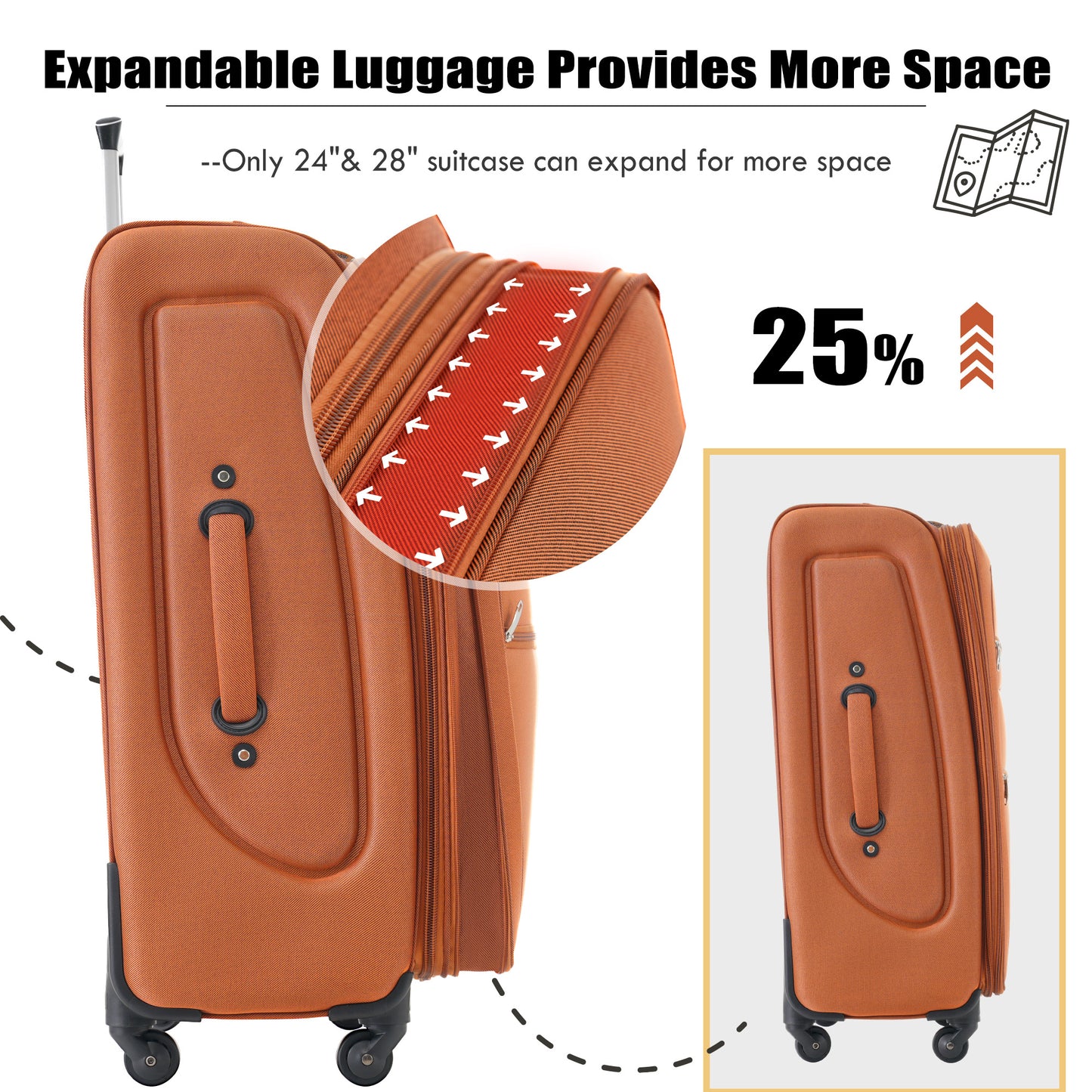 Orange fabric expandable luggage with a top handle and wheels