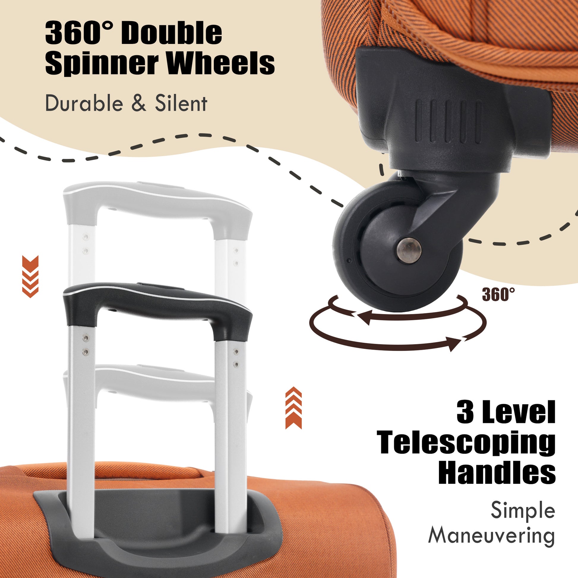 Orange suitcase with durable  spinner wheels for easy travel