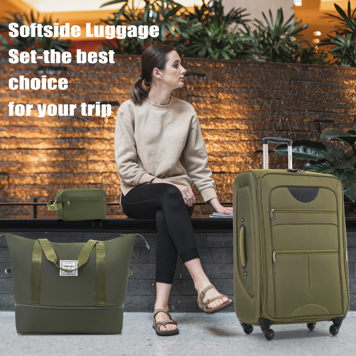 Olive green softside rolling luggage with telescopic handle and multiple pockets