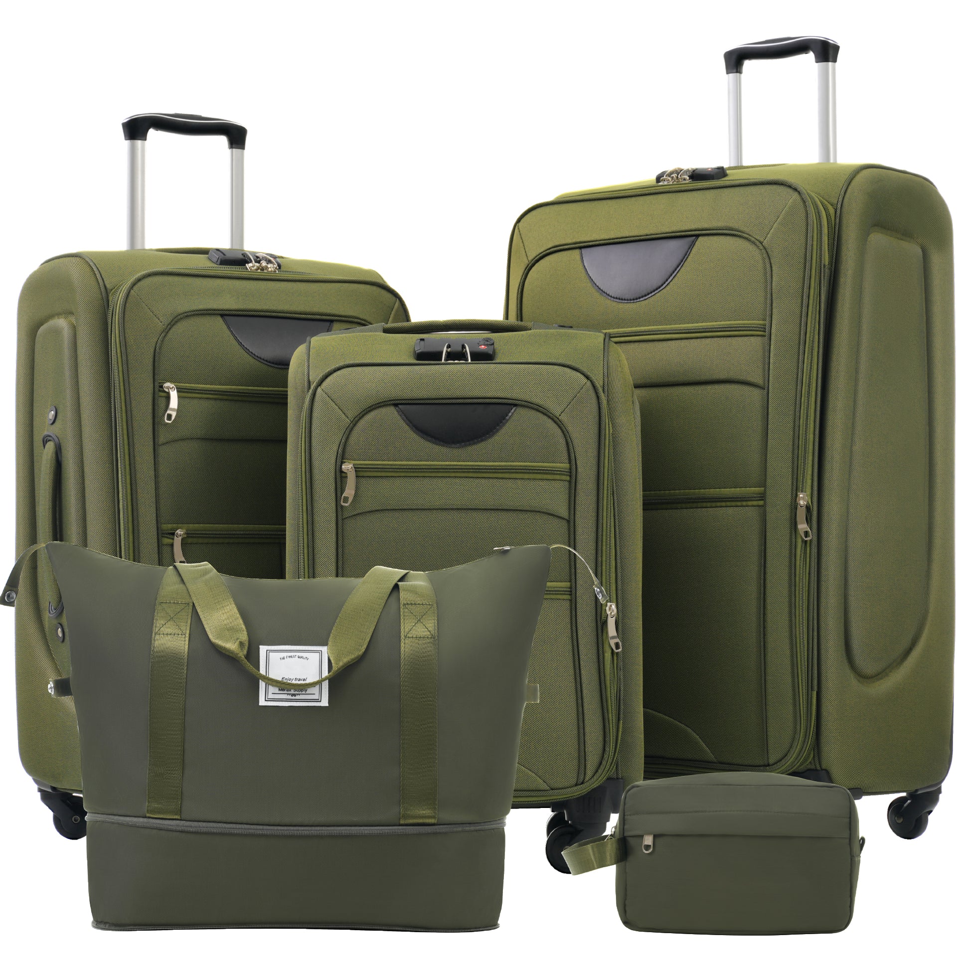 Four piece olive green luggage set with wheels and top handles for travel