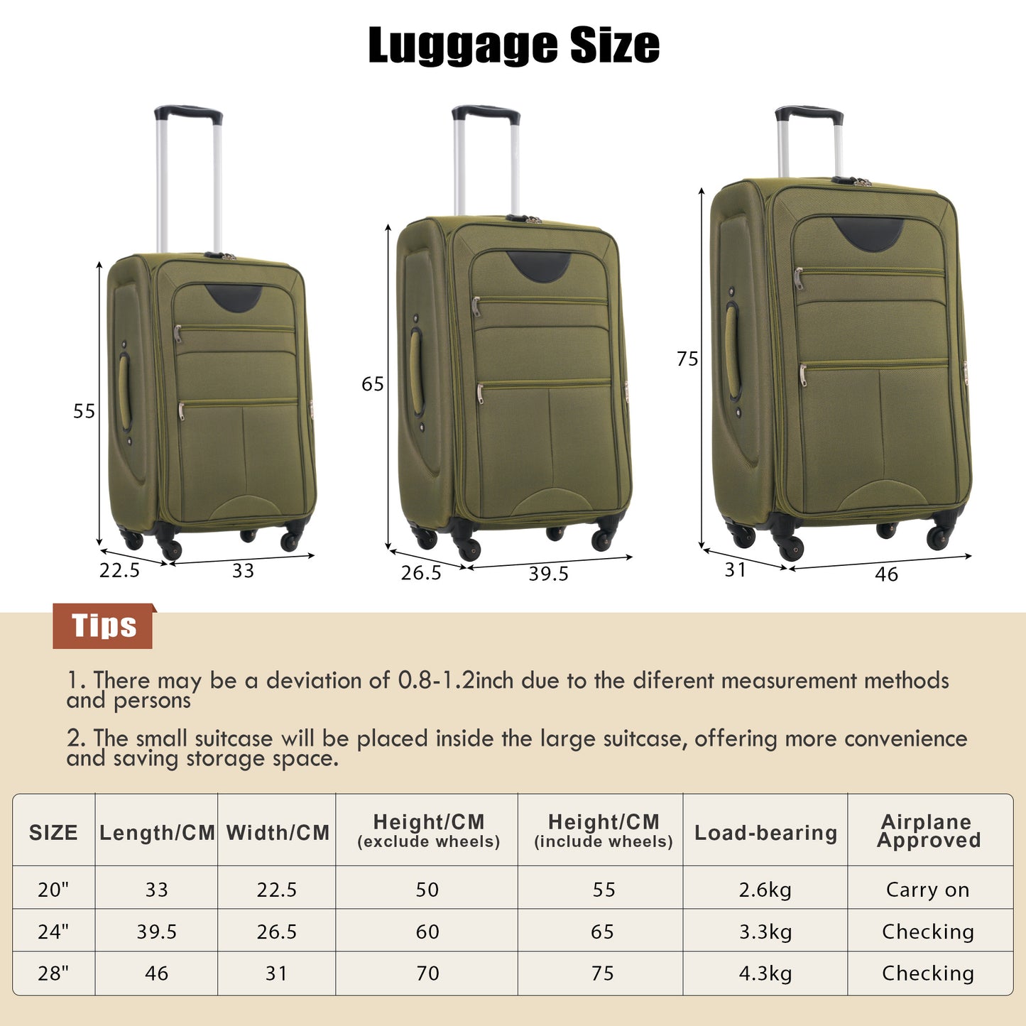 Khaki green inch carryon suitcase with durable fabric and smoothrolling wheels