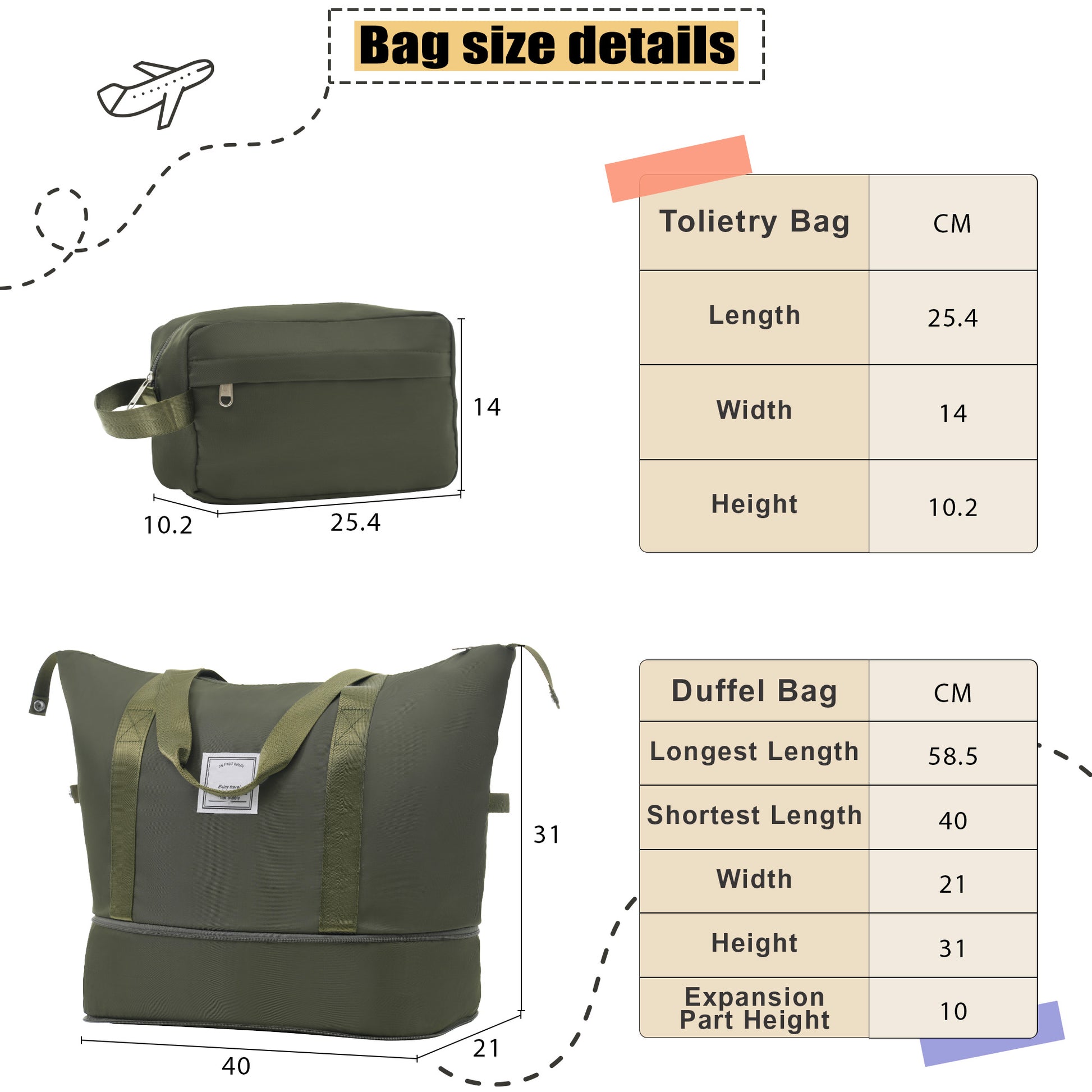 Olive green toiletry bag with zipper cm L x cm W x cm H