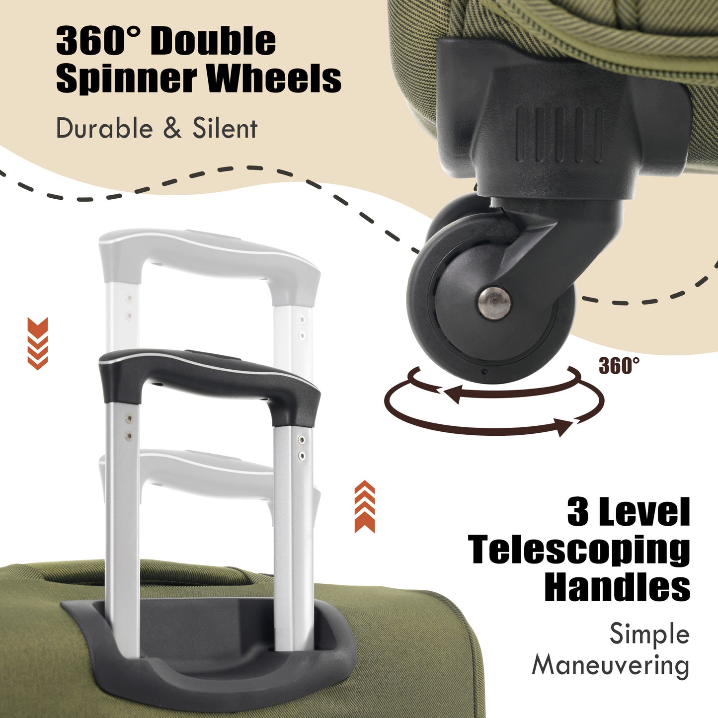 Green luggage features durable  degree spinner wheels for easy maneuvering