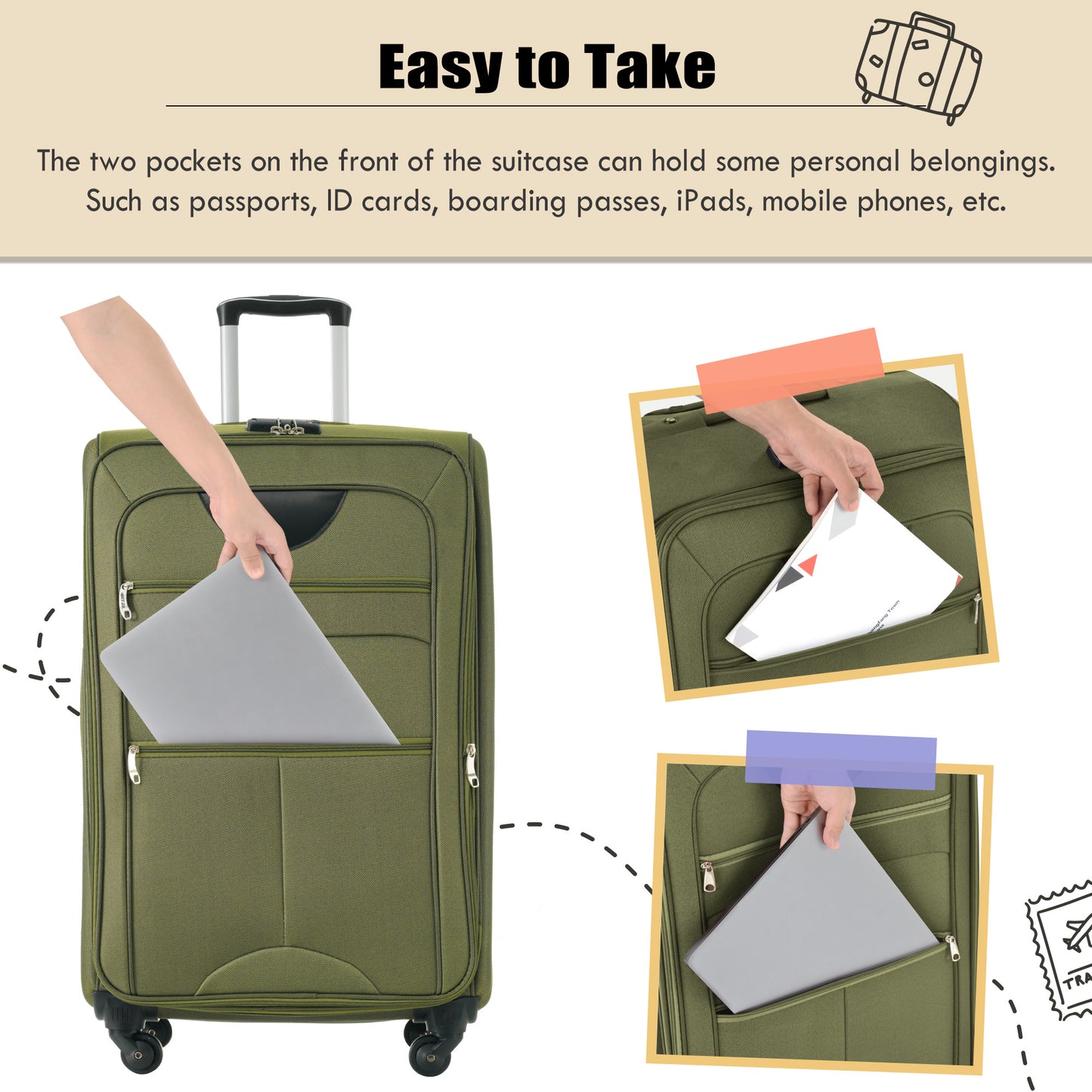 Green fabric suitcase with a laptop placed in front pocket