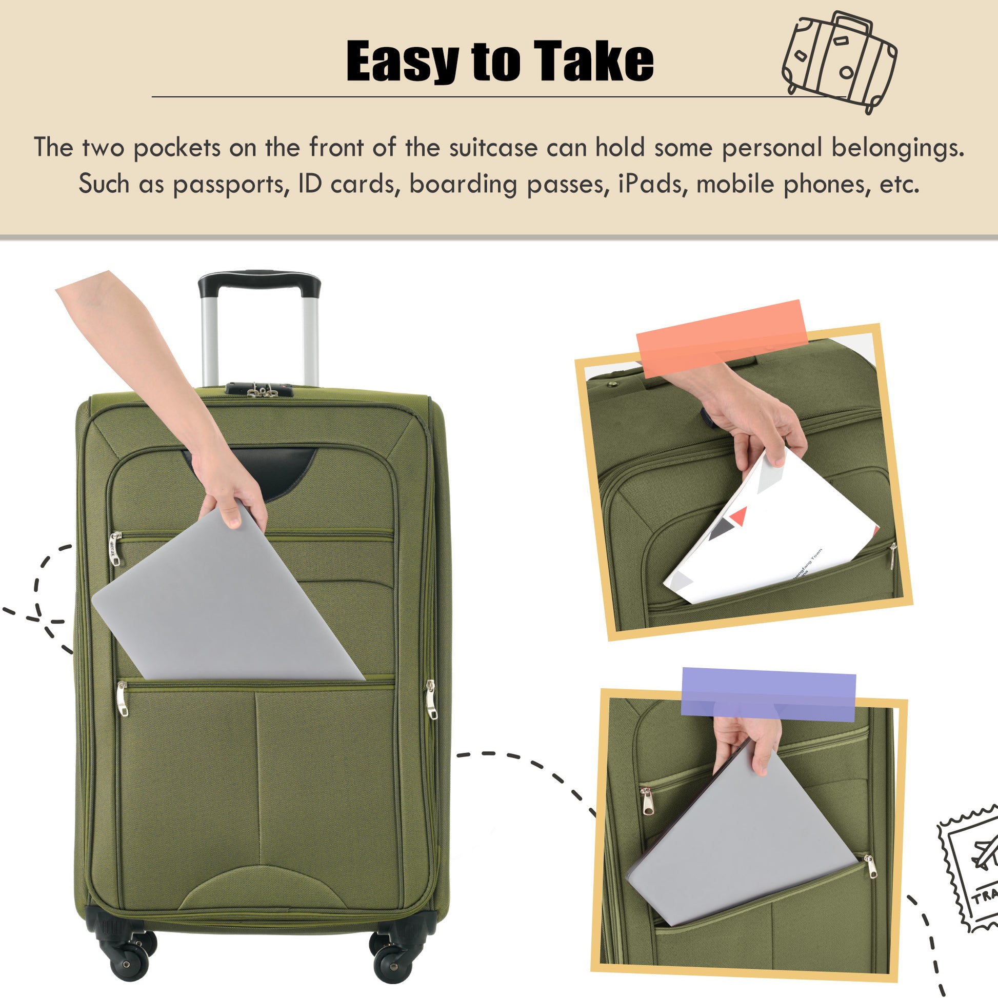 Green fabric suitcase with a laptop placed in front pocket