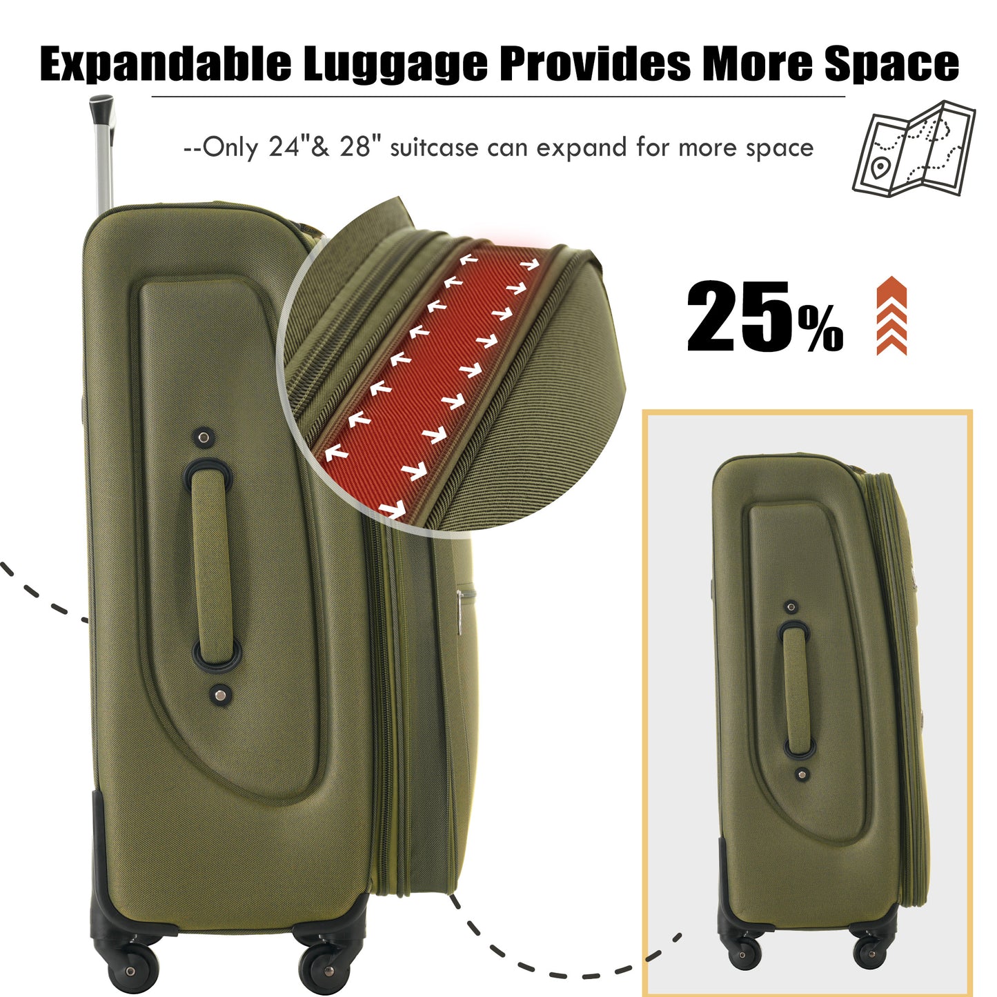 Olive green expandable luggage with closeup of zipper expansion detail