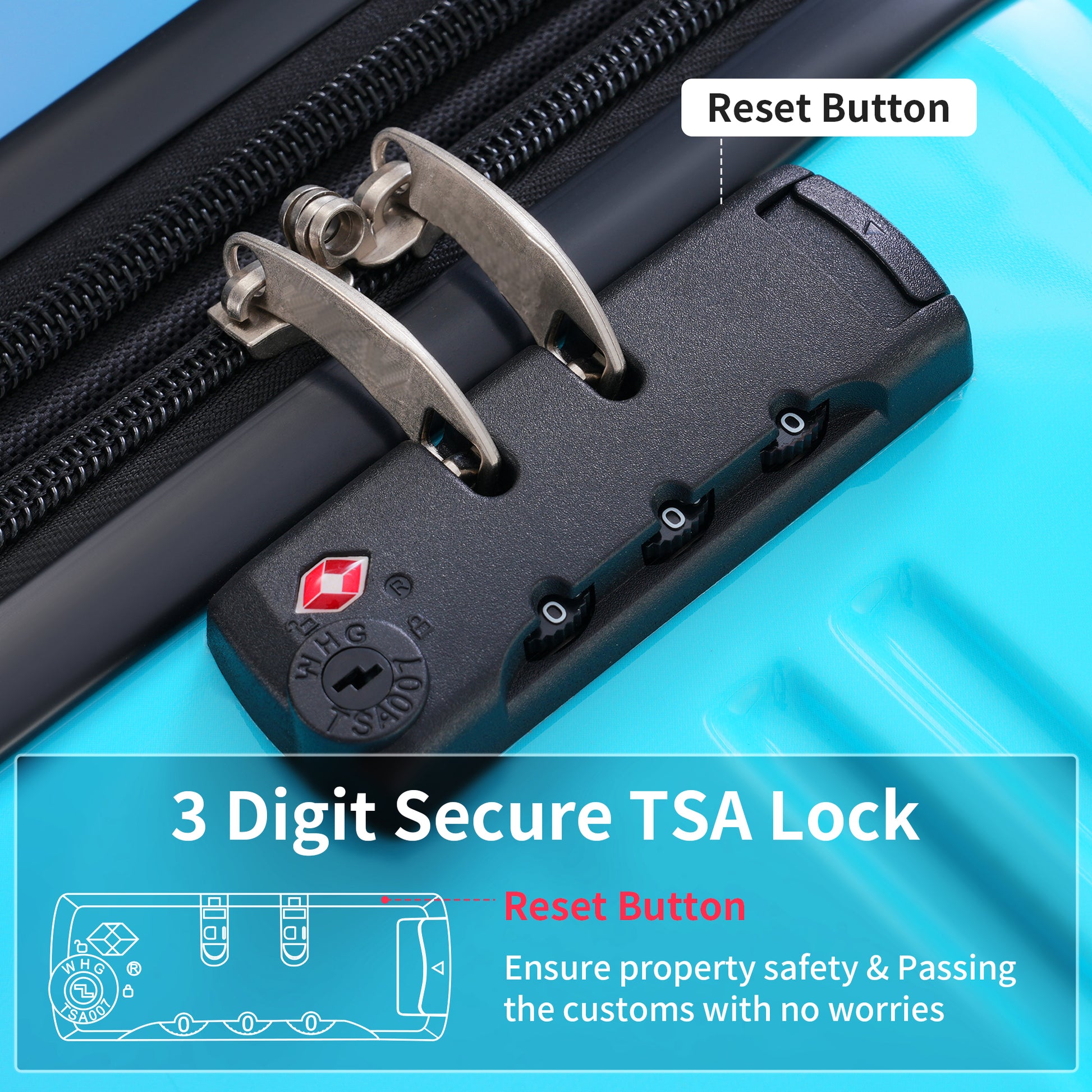 Black  digit secure TSA lock with metal shackle and reset button on blue luggage