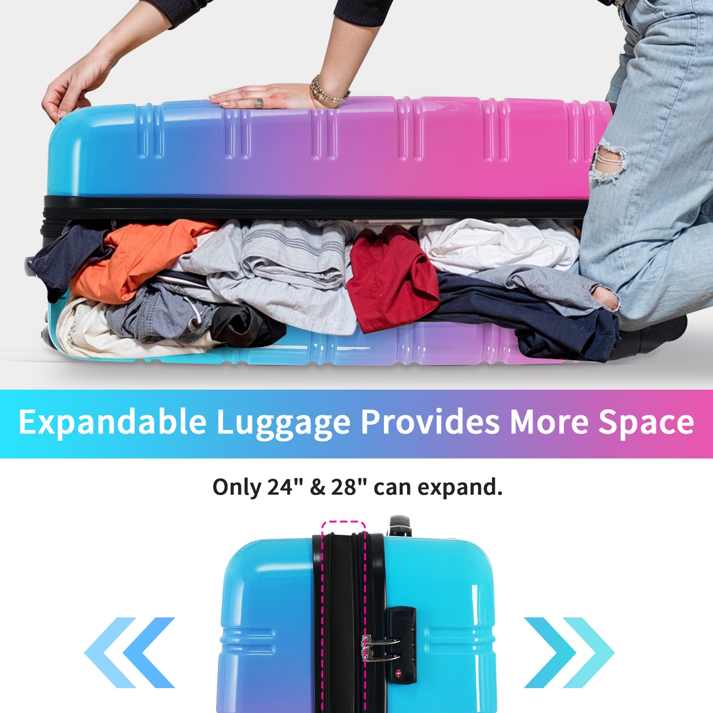 Gradient blue and pink hardside expandable luggage packed with clothes