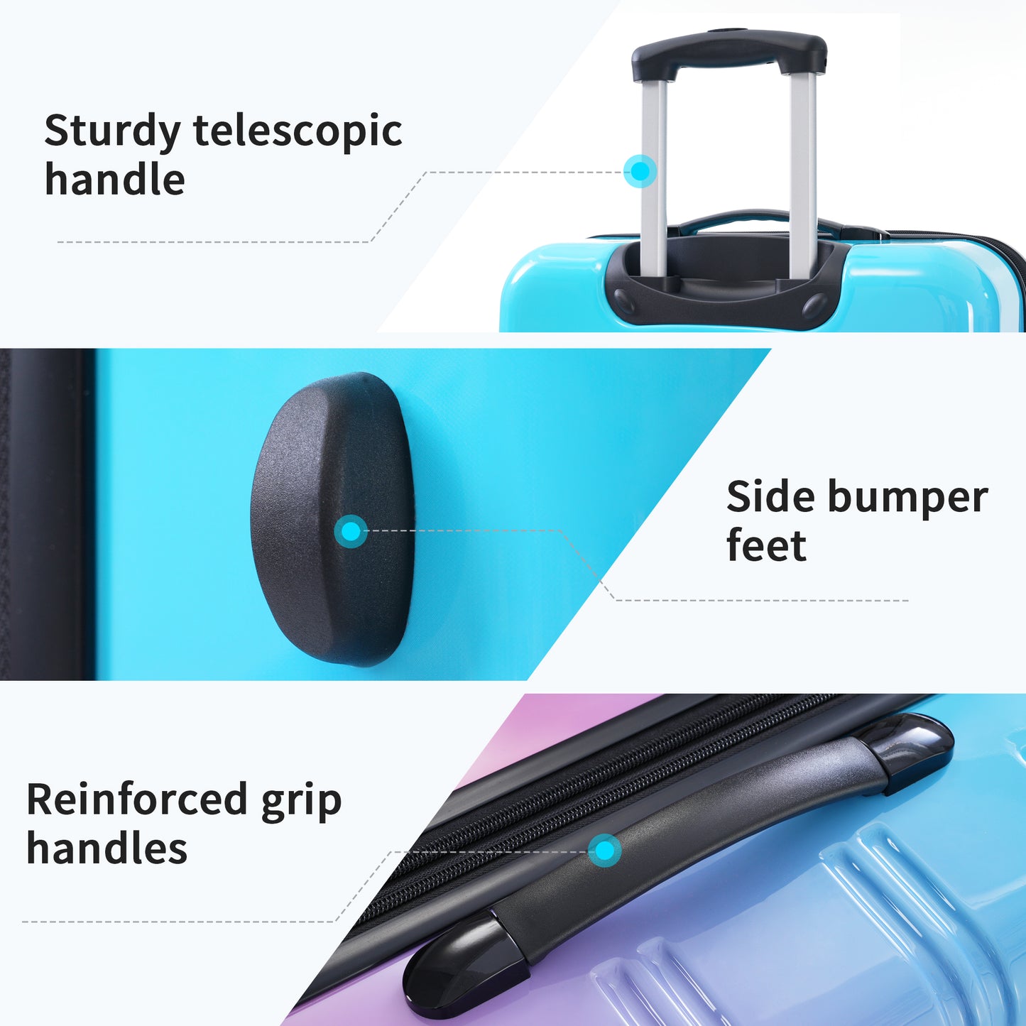 Closeup of a blue suitcase featuring a sturdy telescopic handle for travel